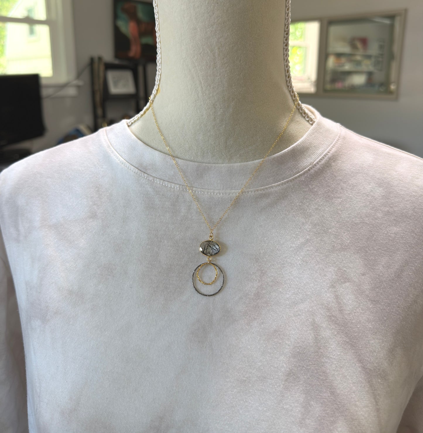 Necklace with a Bezel Set Rutilated Quartz, a Gold Filled Link and Oxidized Silver Loop GCDN-224