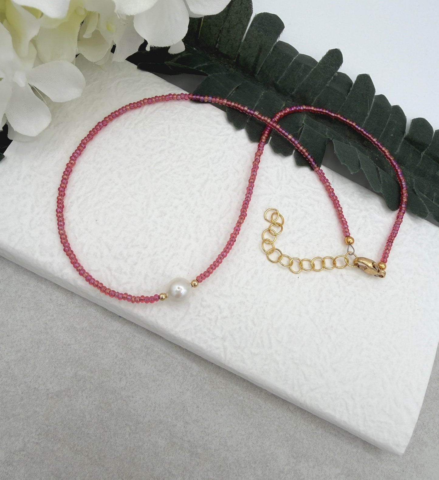Necklace with Tiny, Peach Glass Beads, Gold Filled Beads and a Pearl GCDN-225