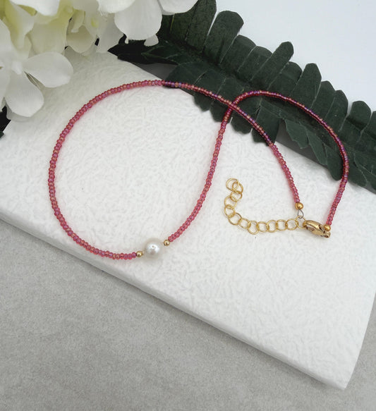 Necklace with Tiny, Peach Glass Beads, Gold Filled Beads and a Pearl GCDN-225