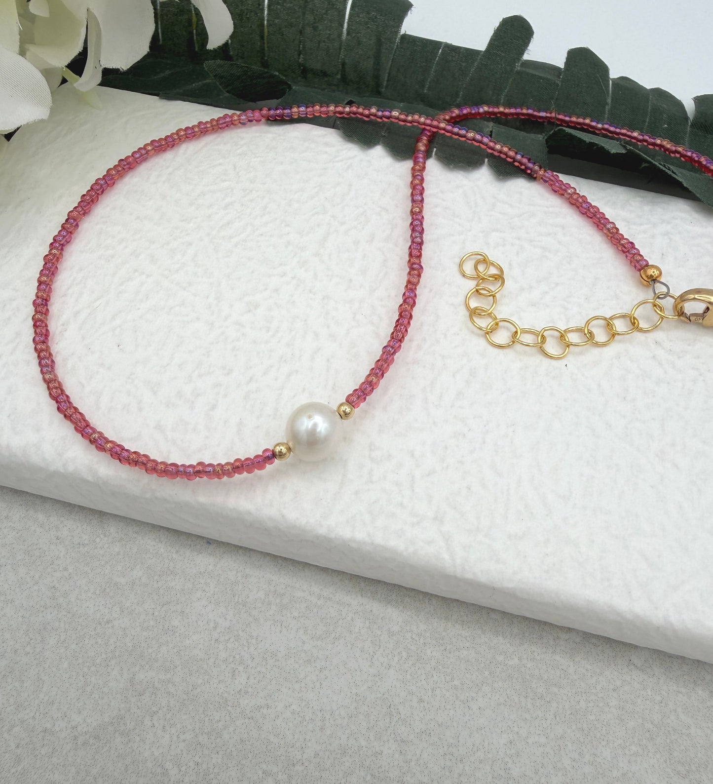 Necklace with Tiny, Peach Glass Beads, Gold Filled Beads and a Pearl GCDN-225