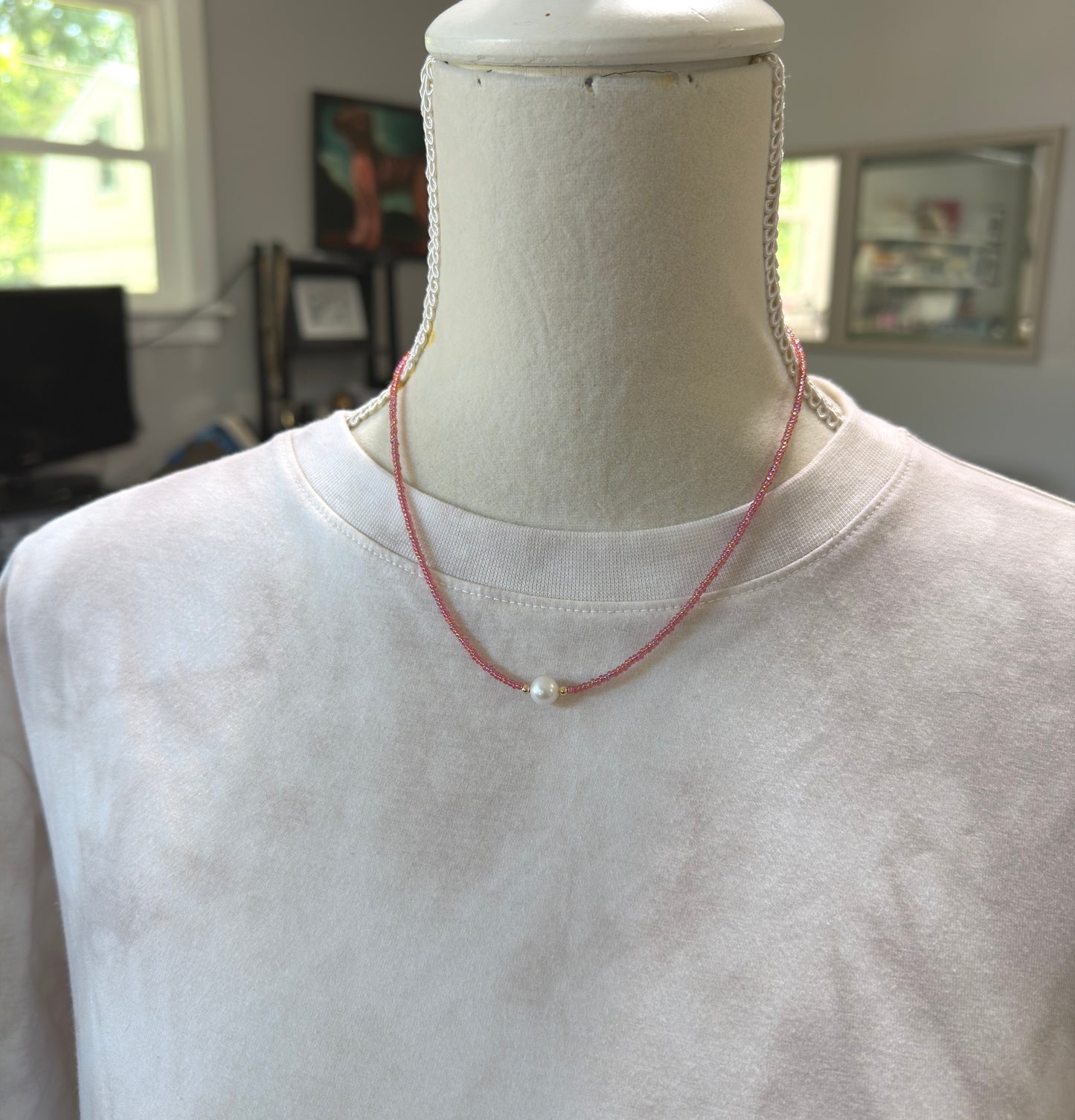 Necklace with Tiny, Peach Glass Beads, Gold Filled Beads and a Pearl GCDN-225