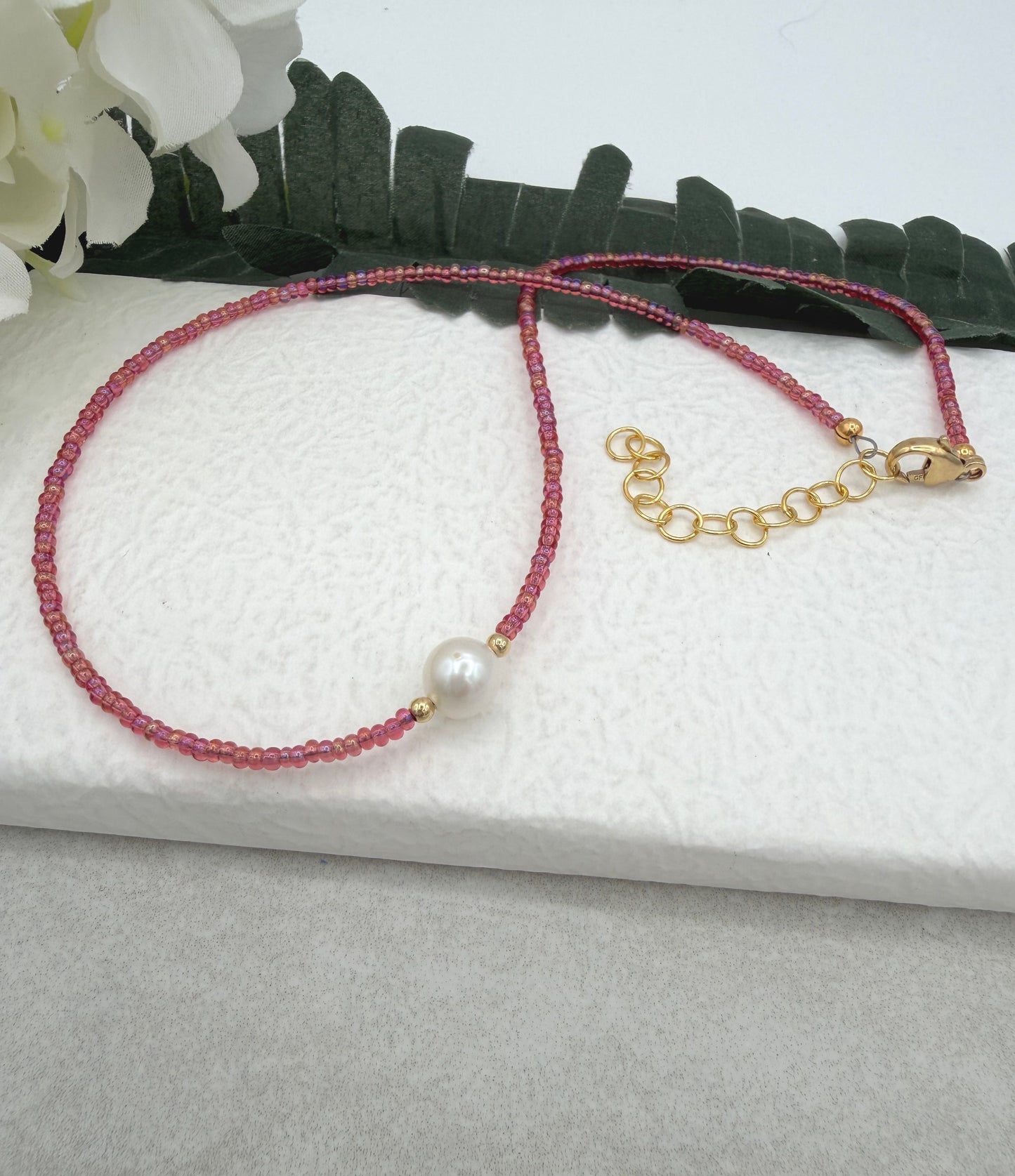 Necklace with Tiny, Peach Glass Beads, Gold Filled Beads and a Pearl GCDN-225