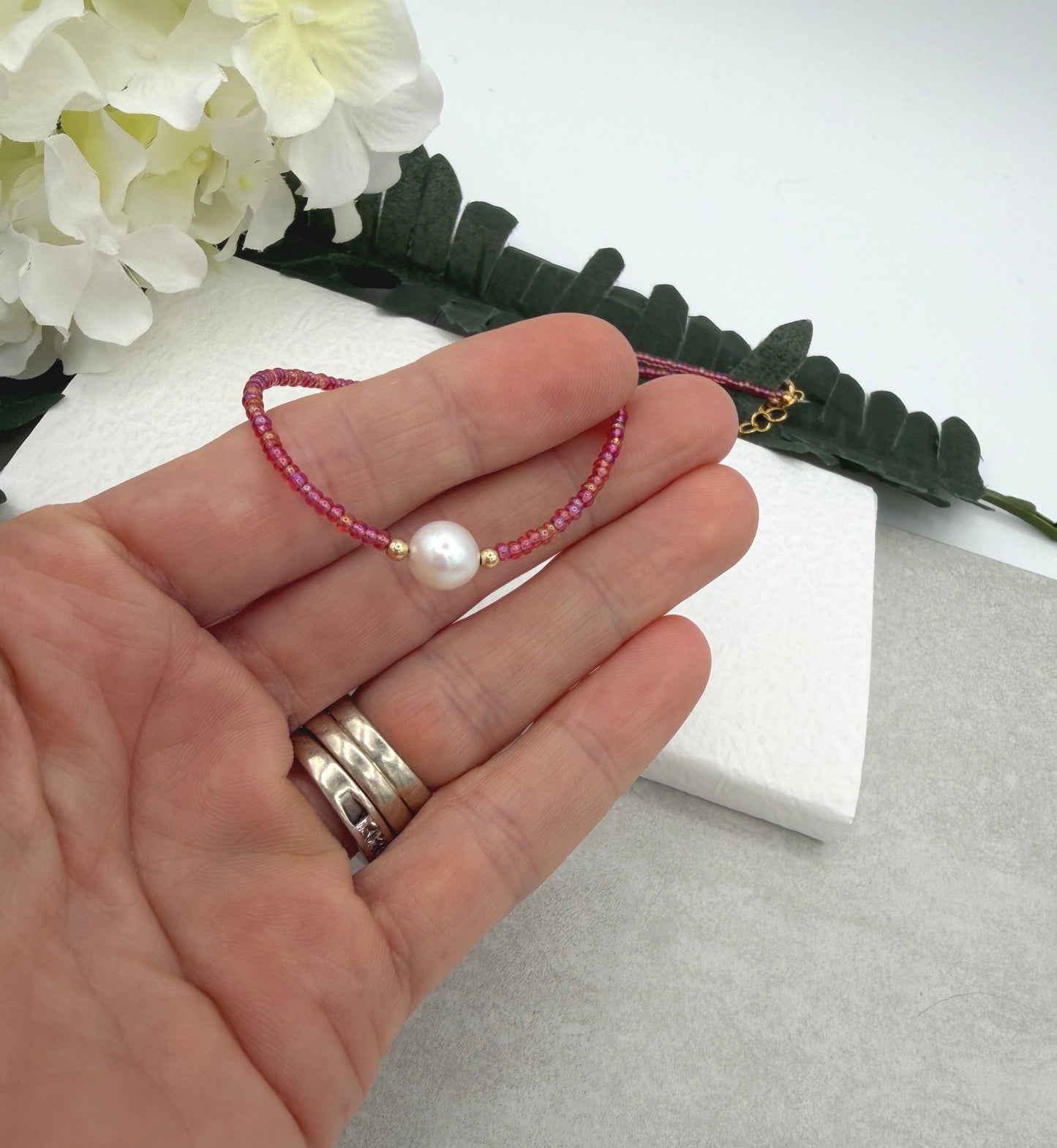 Necklace with Tiny, Peach Glass Beads, Gold Filled Beads and a Pearl GCDN-225