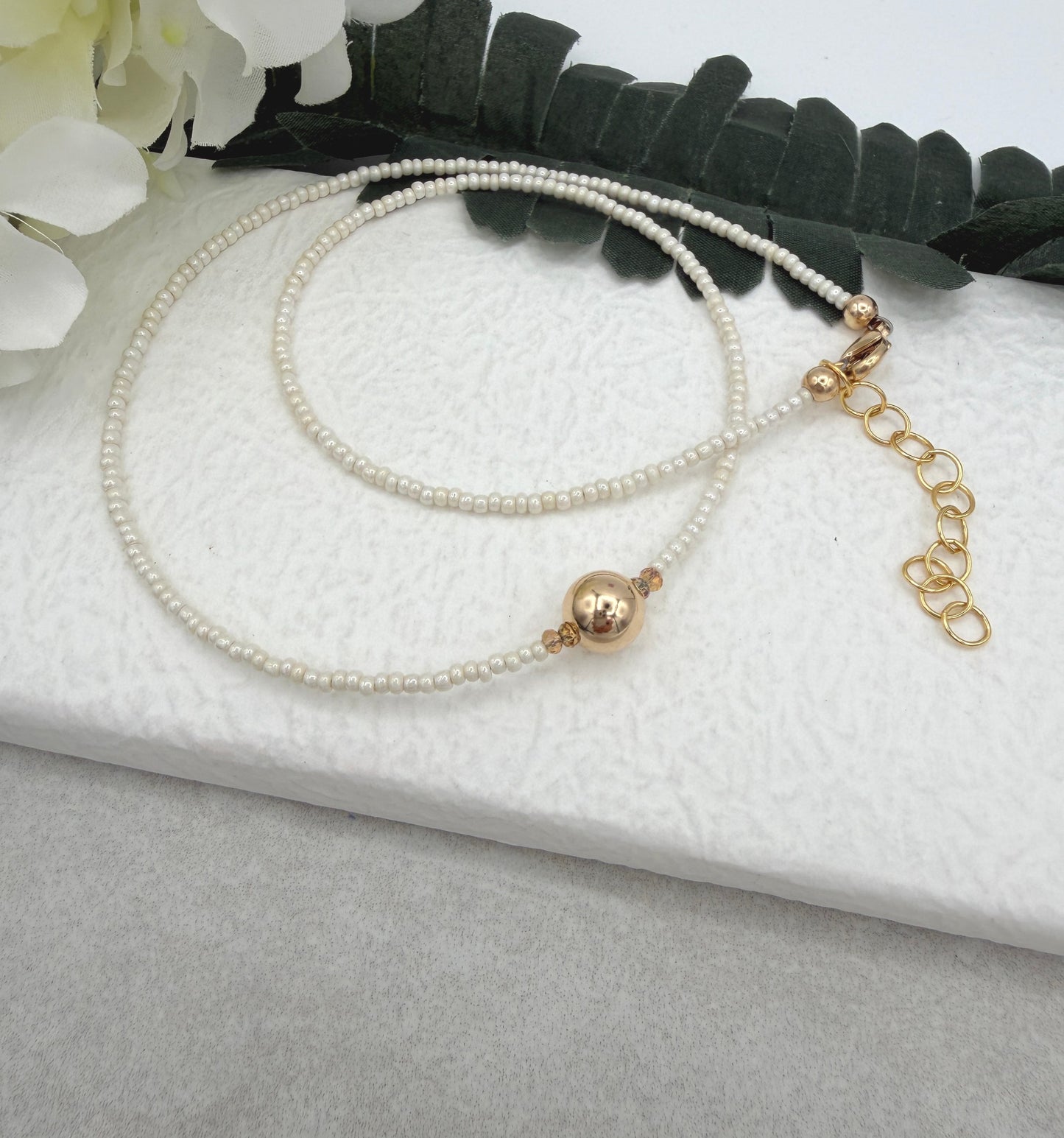 Necklace with Tiny, Pearly Glass Beads, Gold Crystal Beads and a Gold Filled Beadl GCDN-227