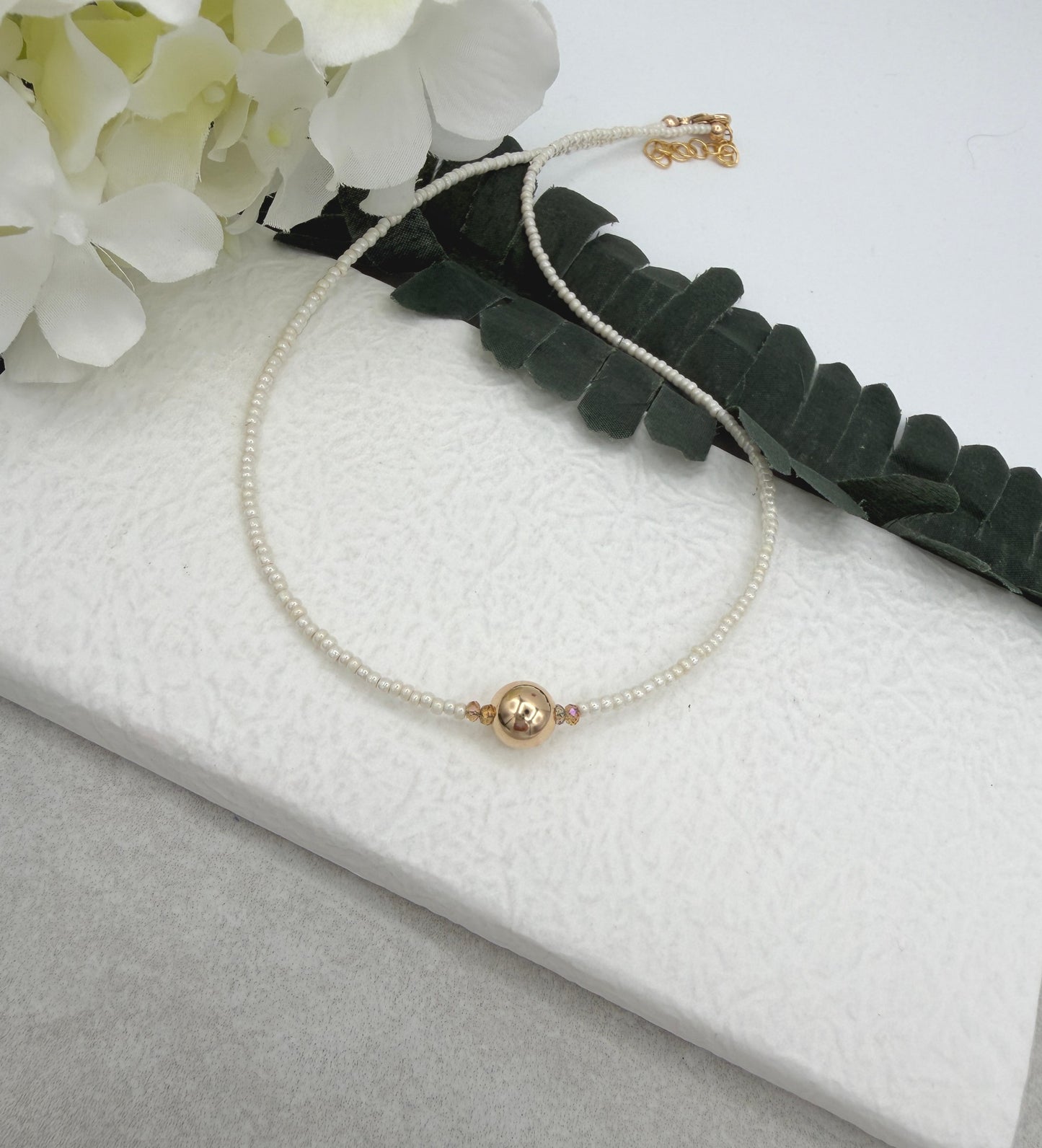 Necklace with Tiny, Pearly Glass Beads, Gold Crystal Beads and a Gold Filled Beadl GCDN-227