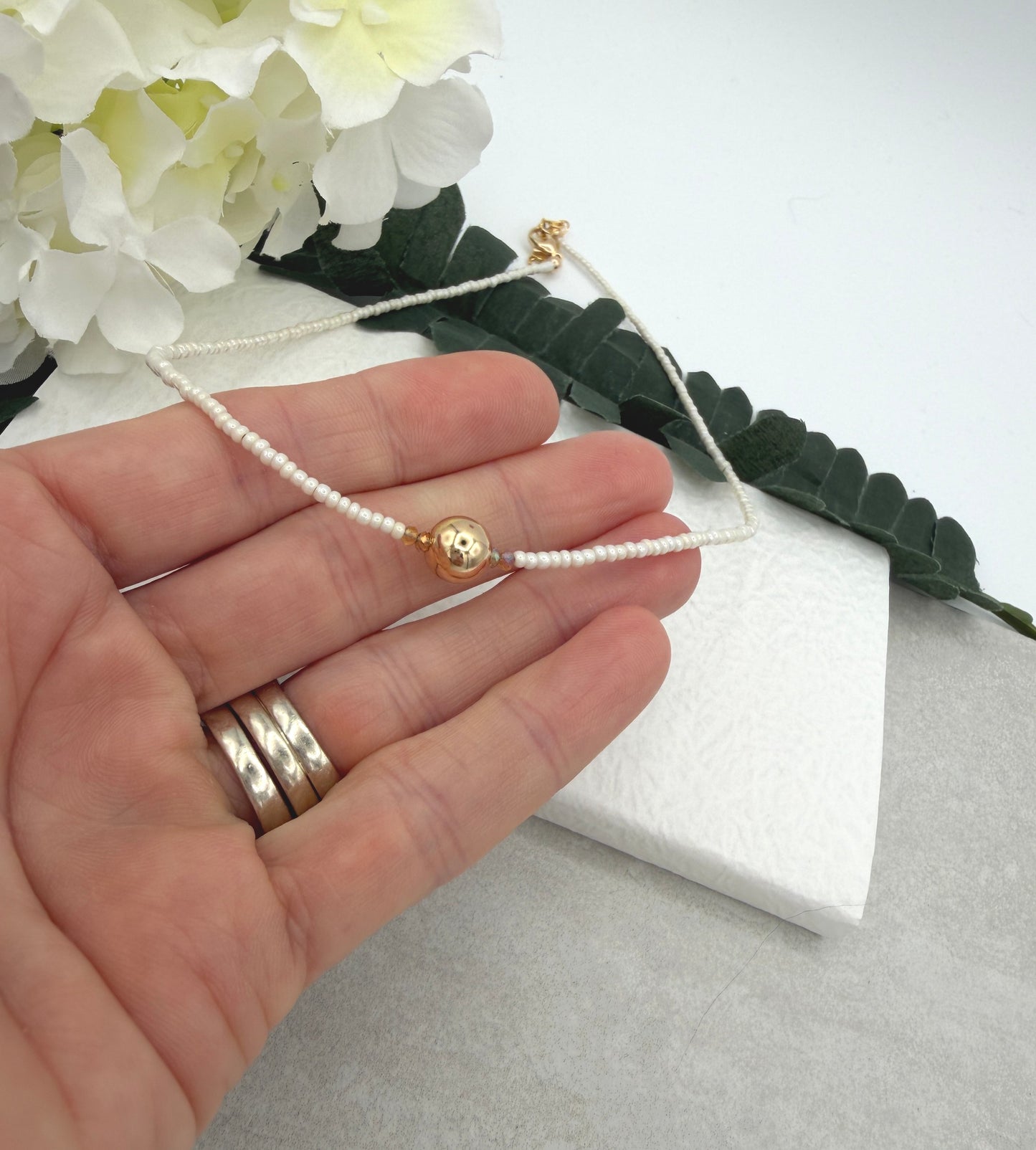 Necklace with Tiny, Pearly Glass Beads, Gold Crystal Beads and a Gold Filled Beadl GCDN-227