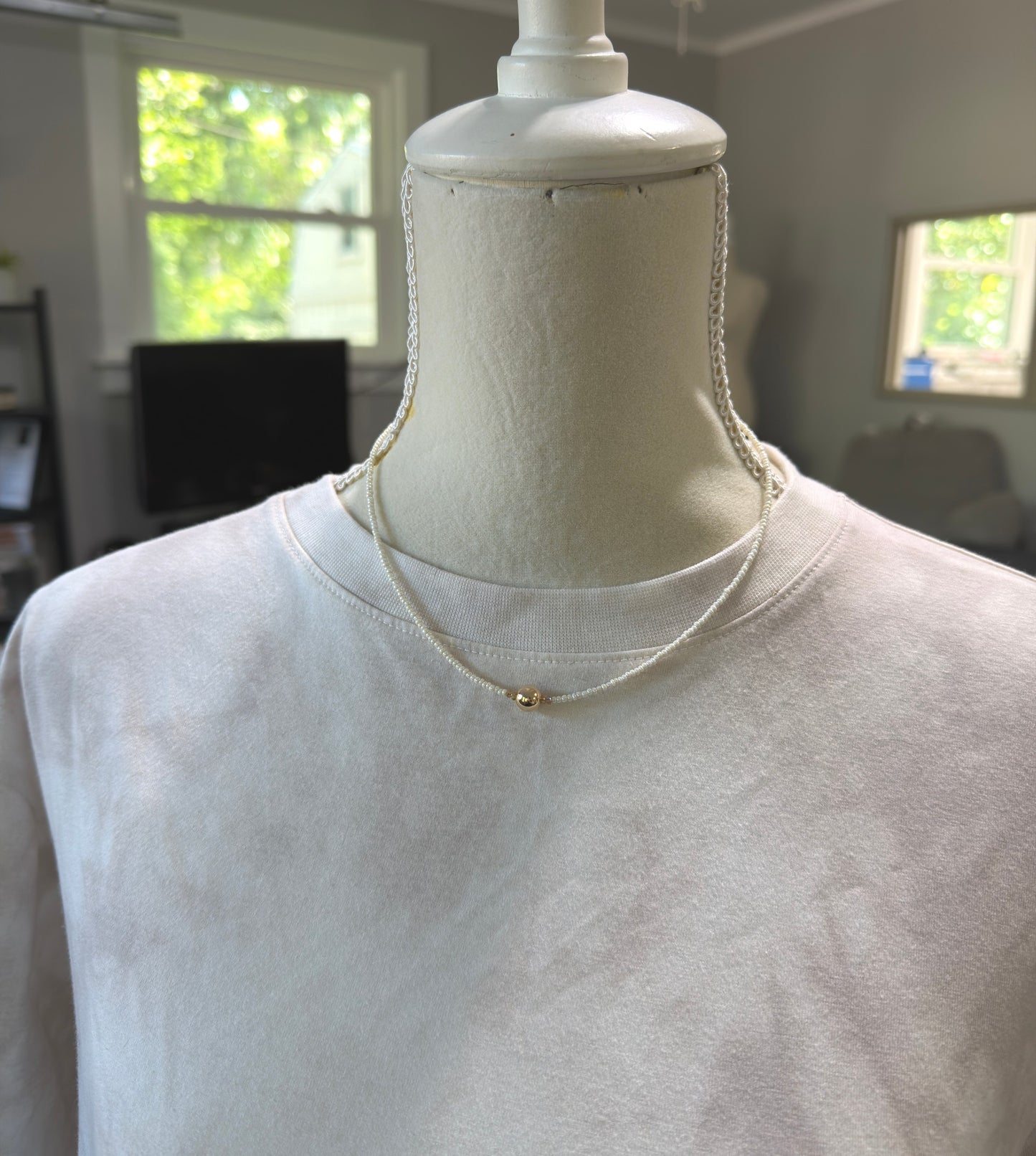 Necklace with Tiny, Pearly Glass Beads, Gold Crystal Beads and a Gold Filled Beadl GCDN-227