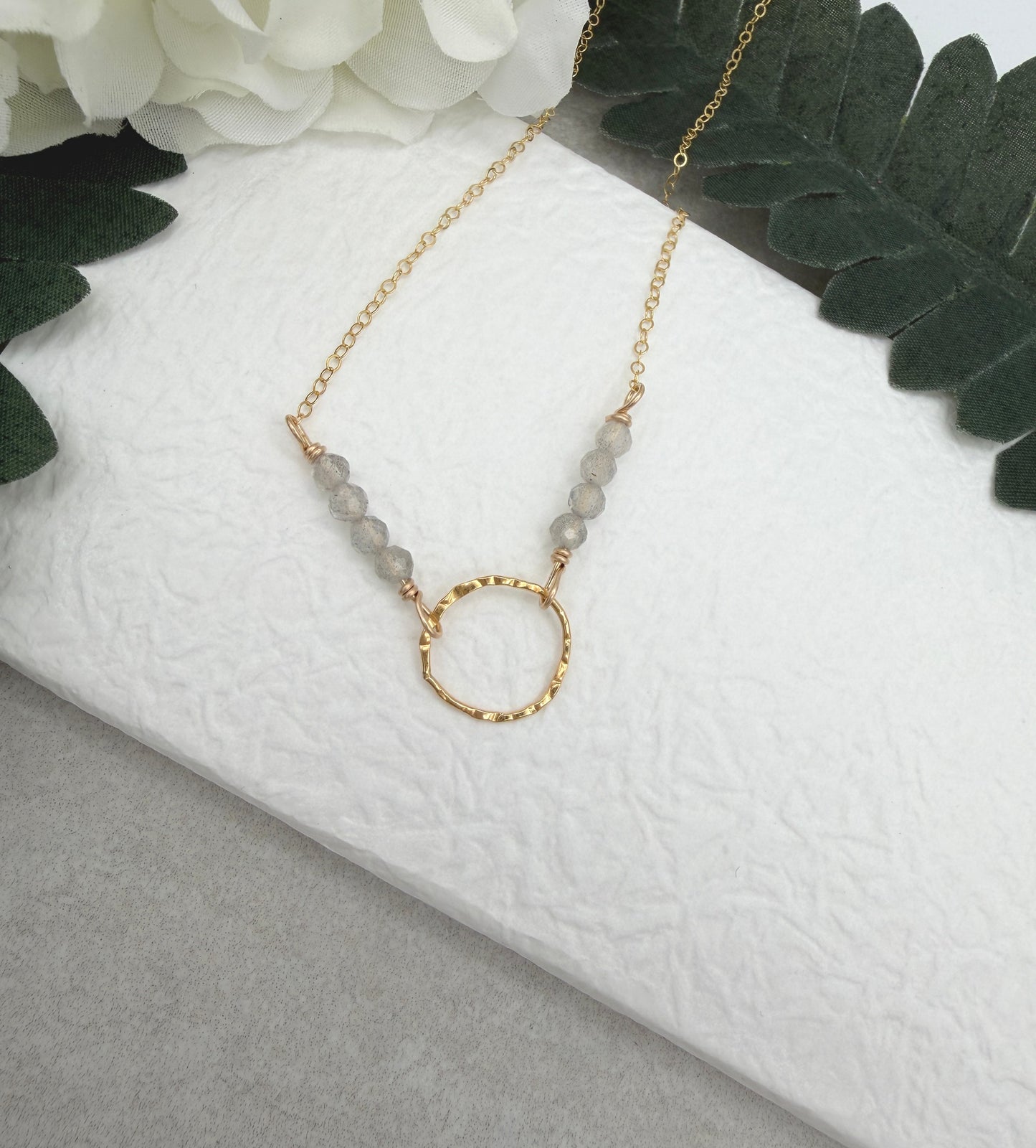 Necklace with a Textured Gold Filled Loop and Line of Labradorite Beads on a Gold Filled Cable Chain GCDN-228