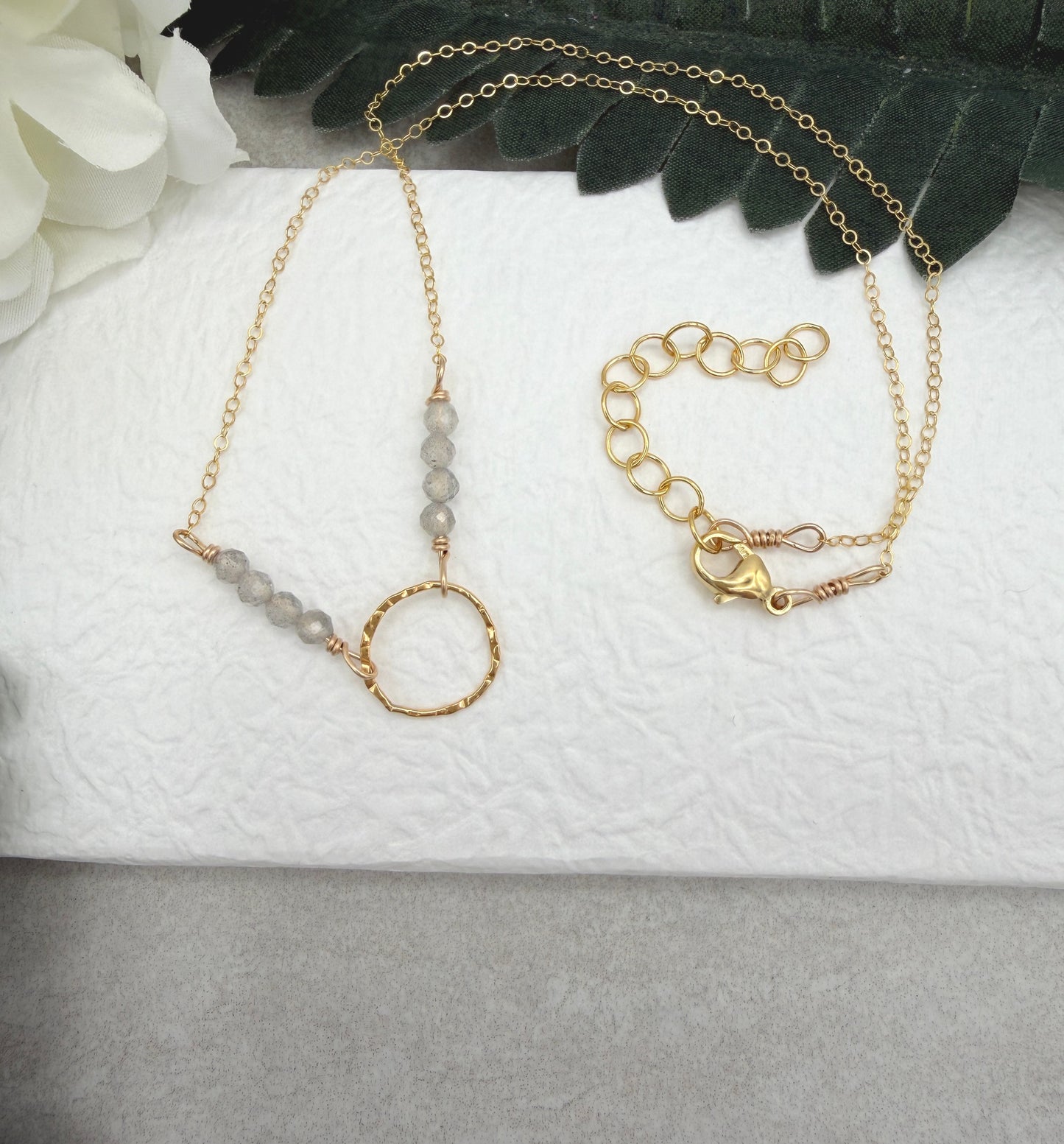 Necklace with a Textured Gold Filled Loop and Line of Labradorite Beads on a Gold Filled Cable Chain GCDN-228
