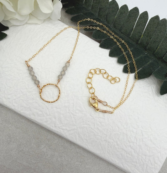 Necklace with a Textured Gold Filled Loop and Line of Labradorite Beads on a Gold Filled Cable Chain GCDN-228