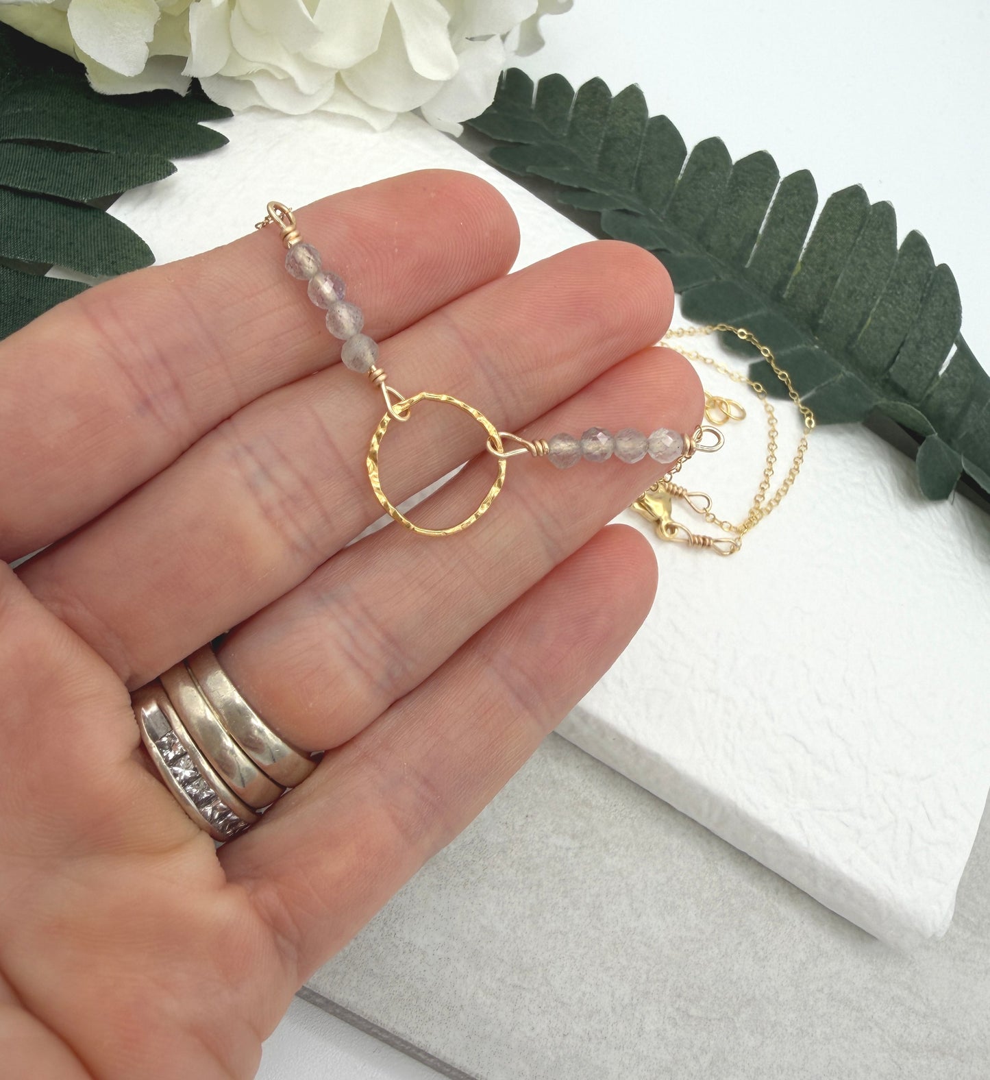 Necklace with a Textured Gold Filled Loop and Line of Labradorite Beads on a Gold Filled Cable Chain GCDN-228