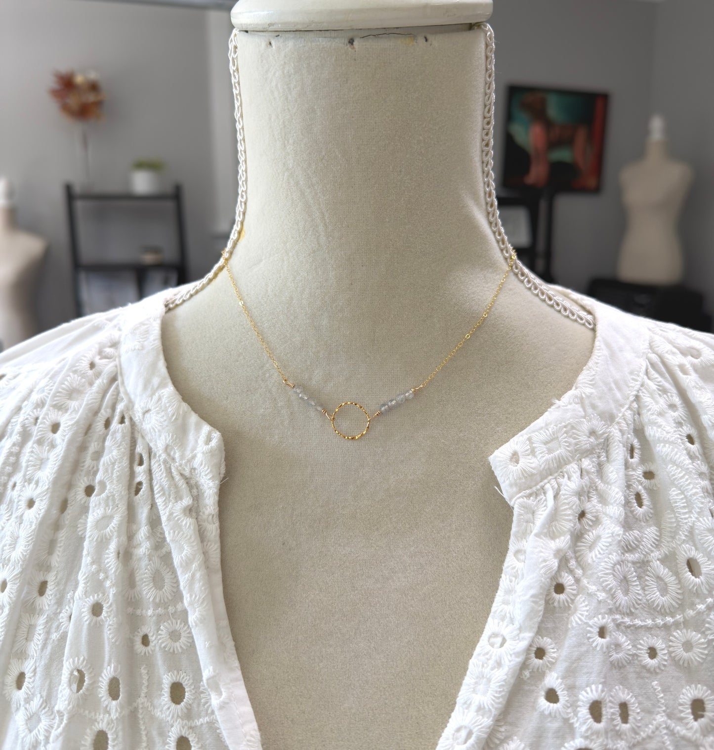 Necklace with a Textured Gold Filled Loop and Line of Labradorite Beads on a Gold Filled Cable Chain GCDN-228