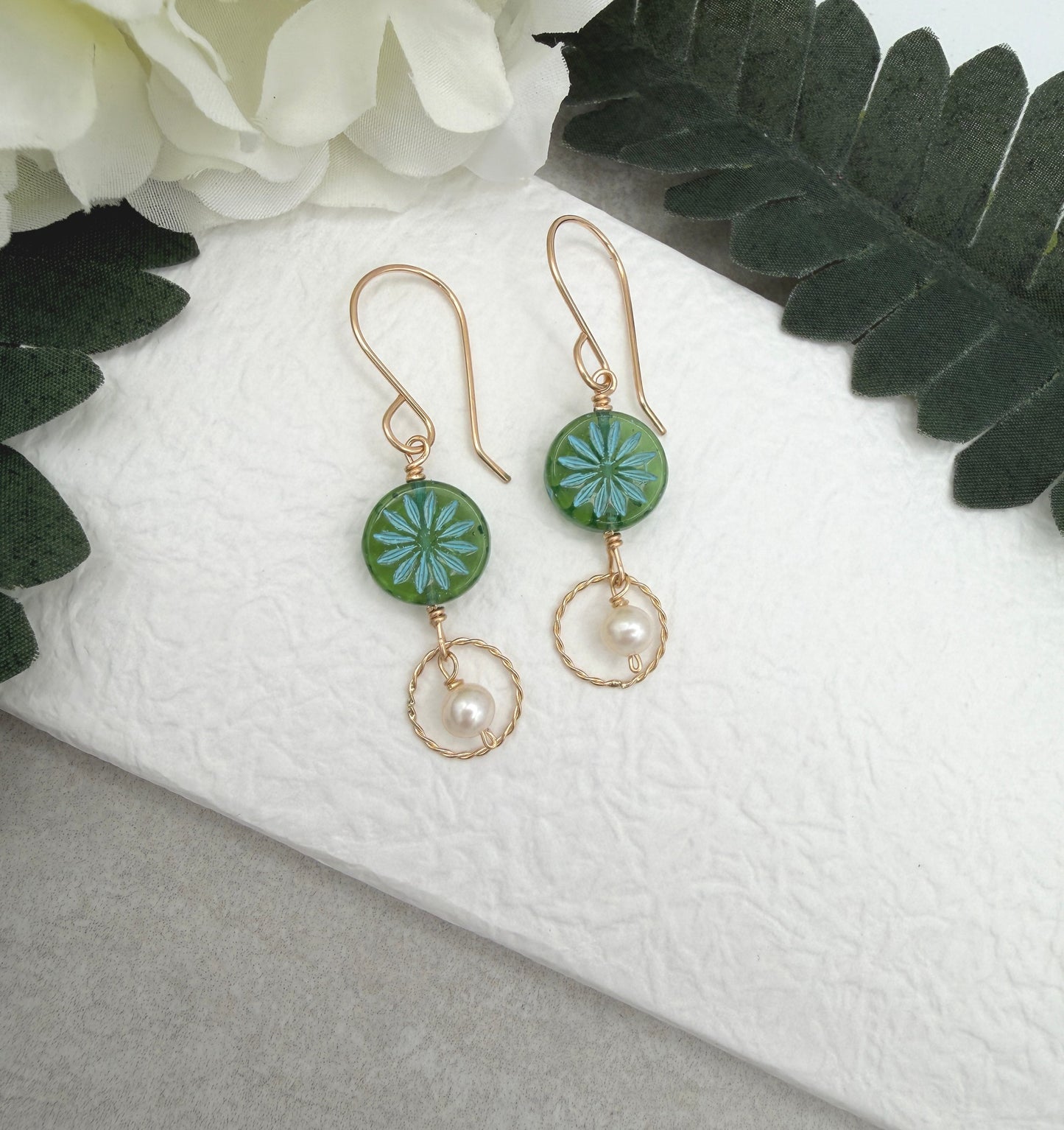 Earrings with Blue Green Czech Glass Flowers, Braided Gold Filled Loops and Pearls GCE-20