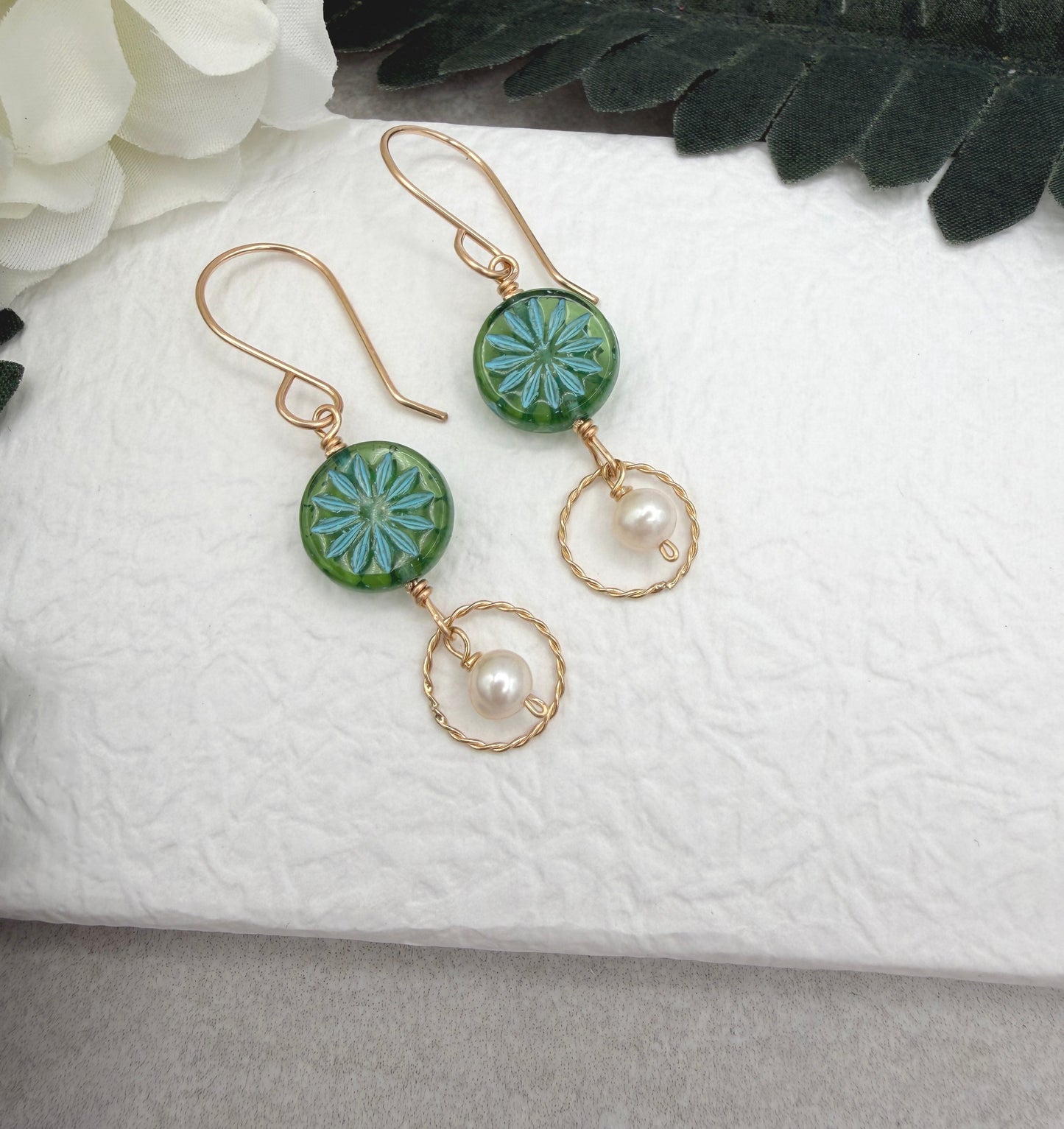 Earrings with Blue Green Czech Glass Flowers, Braided Gold Filled Loops and Pearls GCE-20