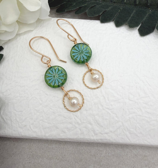Earrings with Blue Green Czech Glass Flowers, Braided Gold Filled Loops and Pearls GCE-20