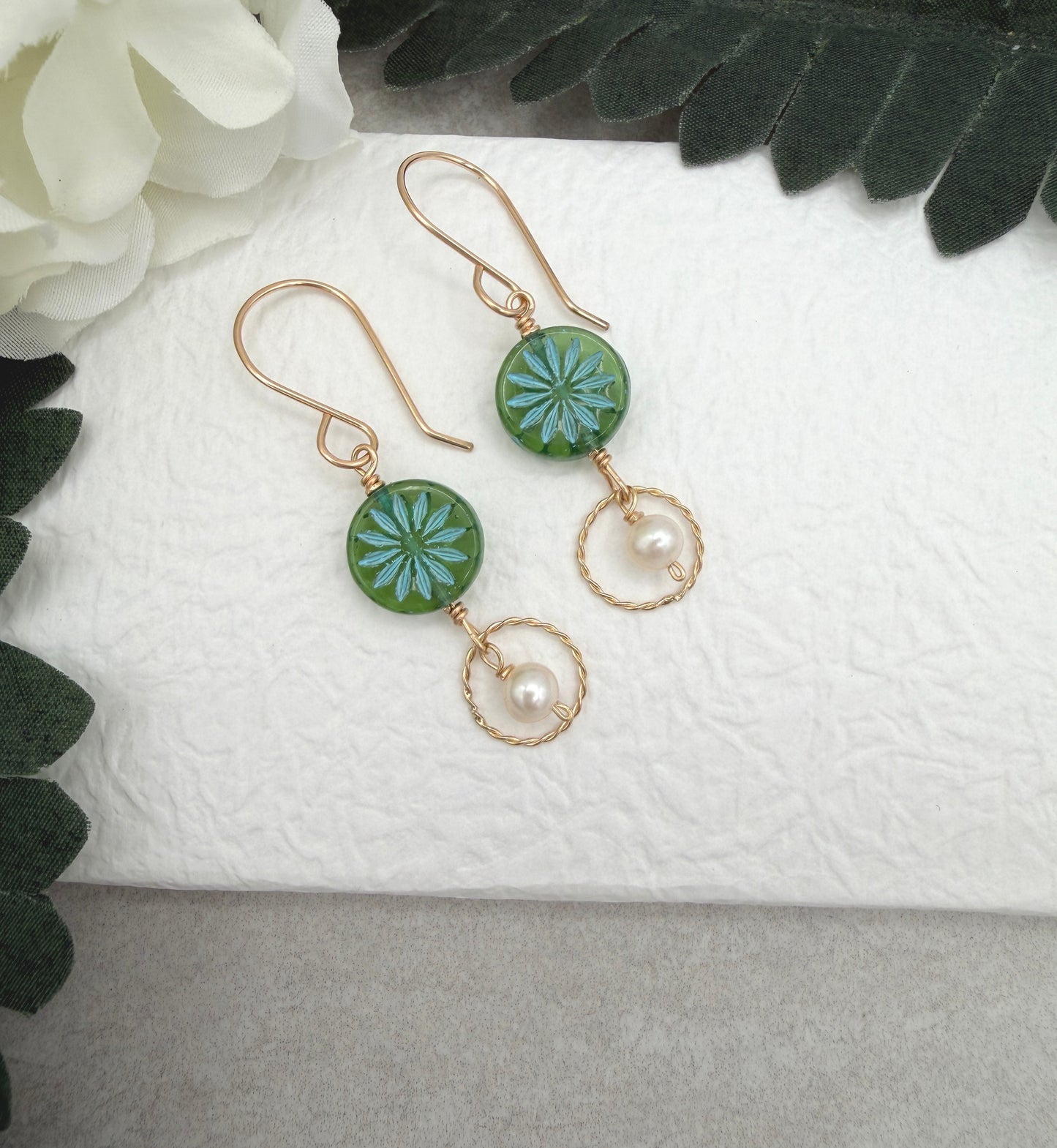 Earrings with Blue Green Czech Glass Flowers, Braided Gold Filled Loops and Pearls GCE-20