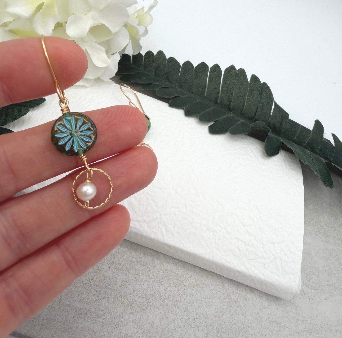 Earrings with Blue Green Czech Glass Flowers, Braided Gold Filled Loops and Pearls GCE-20
