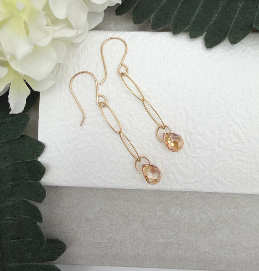 Earrings with Gold Crystal Teardrops Wrapped on Gold Filled Oval Links GCE-62