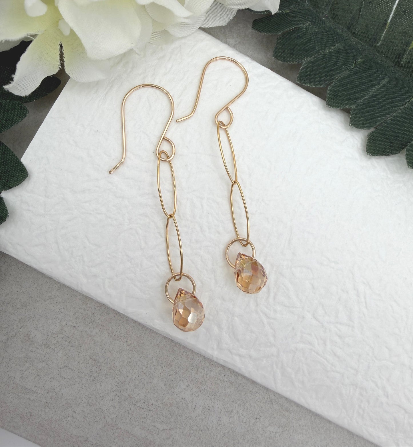 Earrings with Gold Crystal Teardrops Wrapped on Gold Filled Oval Links GCE-62