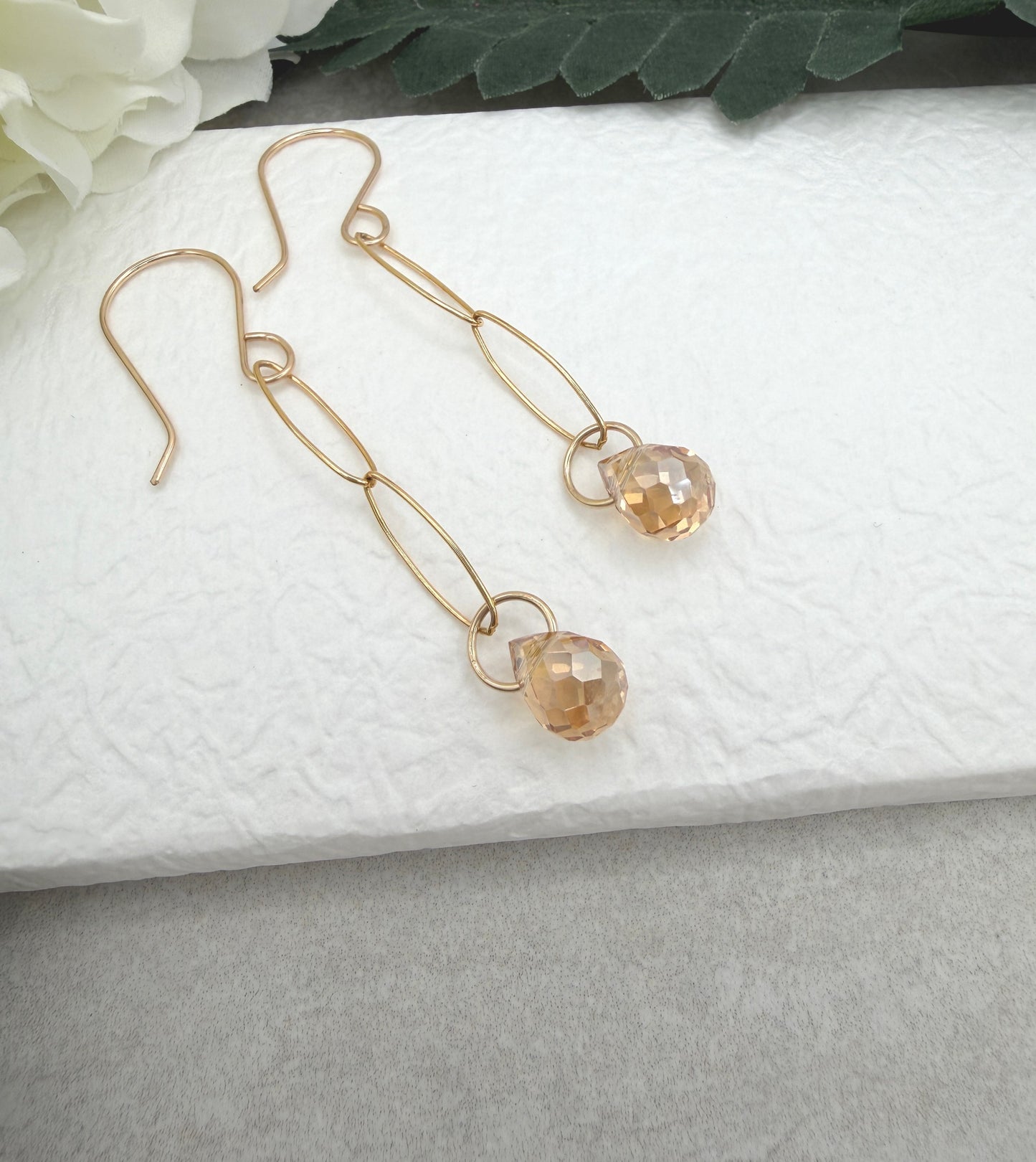 Earrings with Gold Crystal Teardrops Wrapped on Gold Filled Oval Links GCE-62