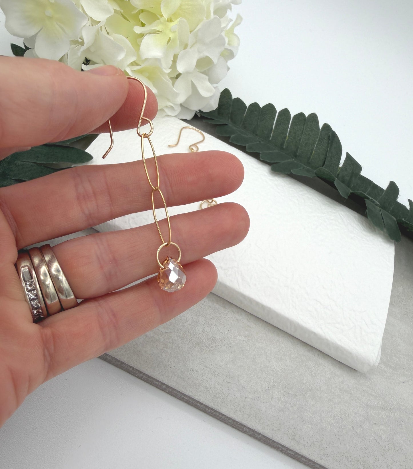 Earrings with Gold Crystal Teardrops Wrapped on Gold Filled Oval Links GCE-62