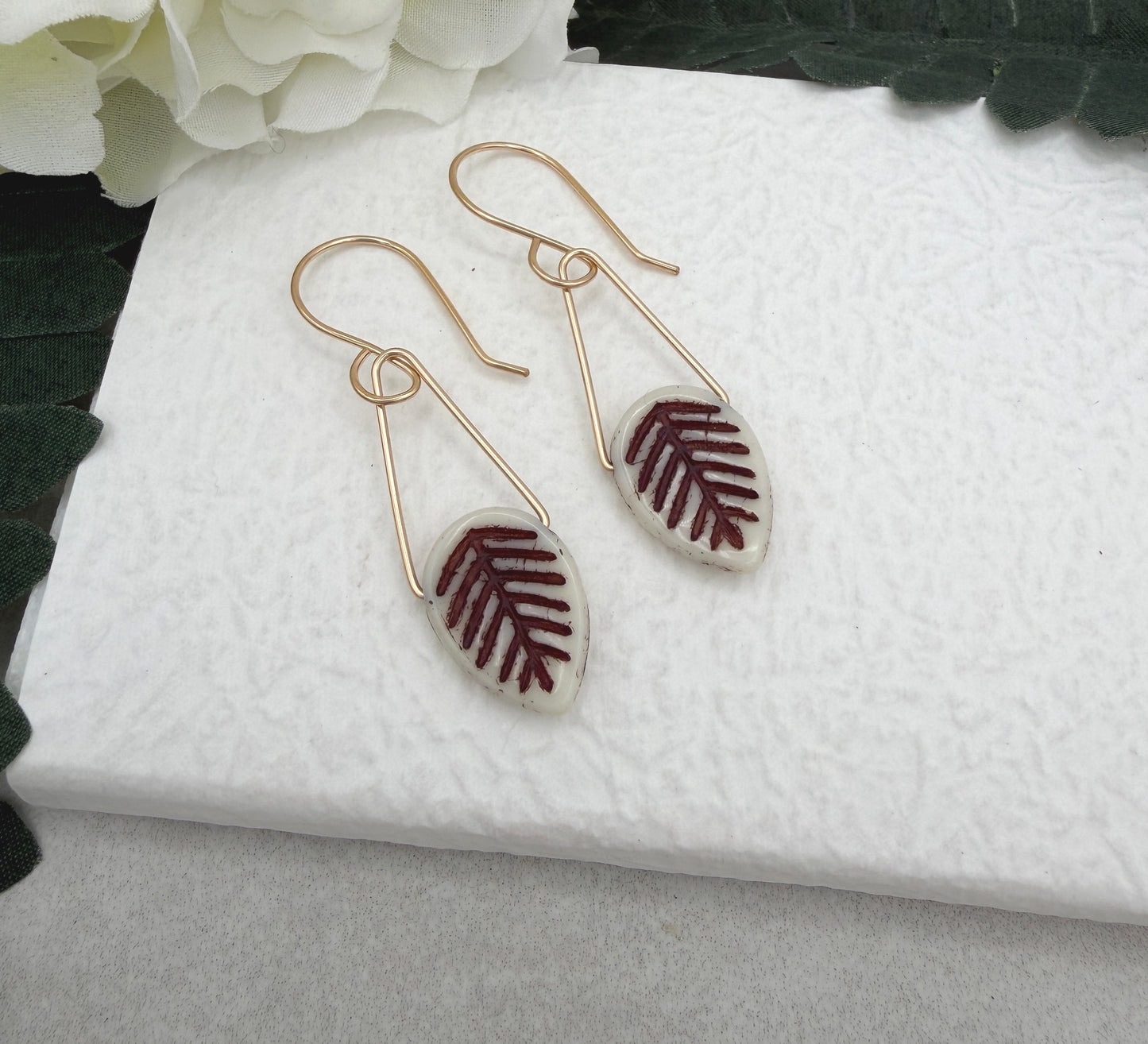 Earrings with Cream and Brown Czech Glass Leaf Beads GCHE-105
