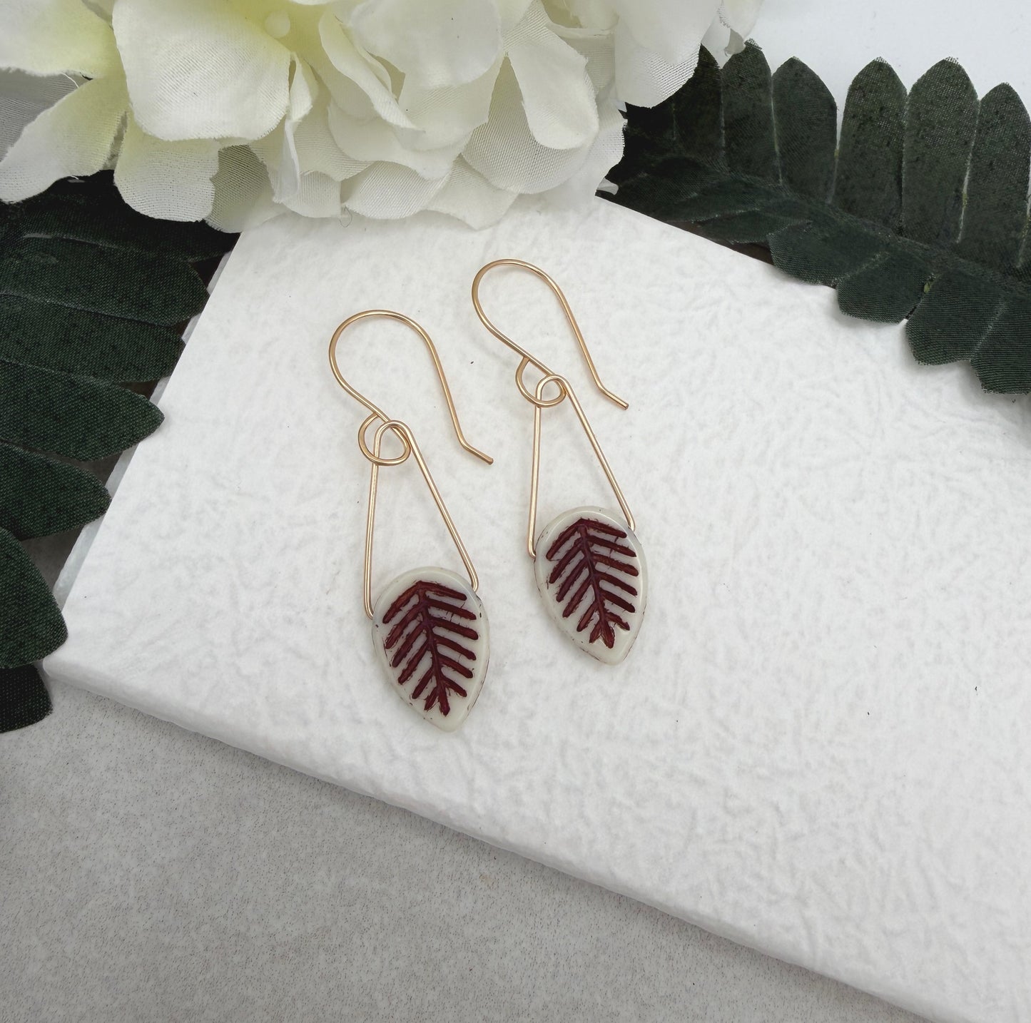 Earrings with Cream and Brown Czech Glass Leaf Beads GCHE-105