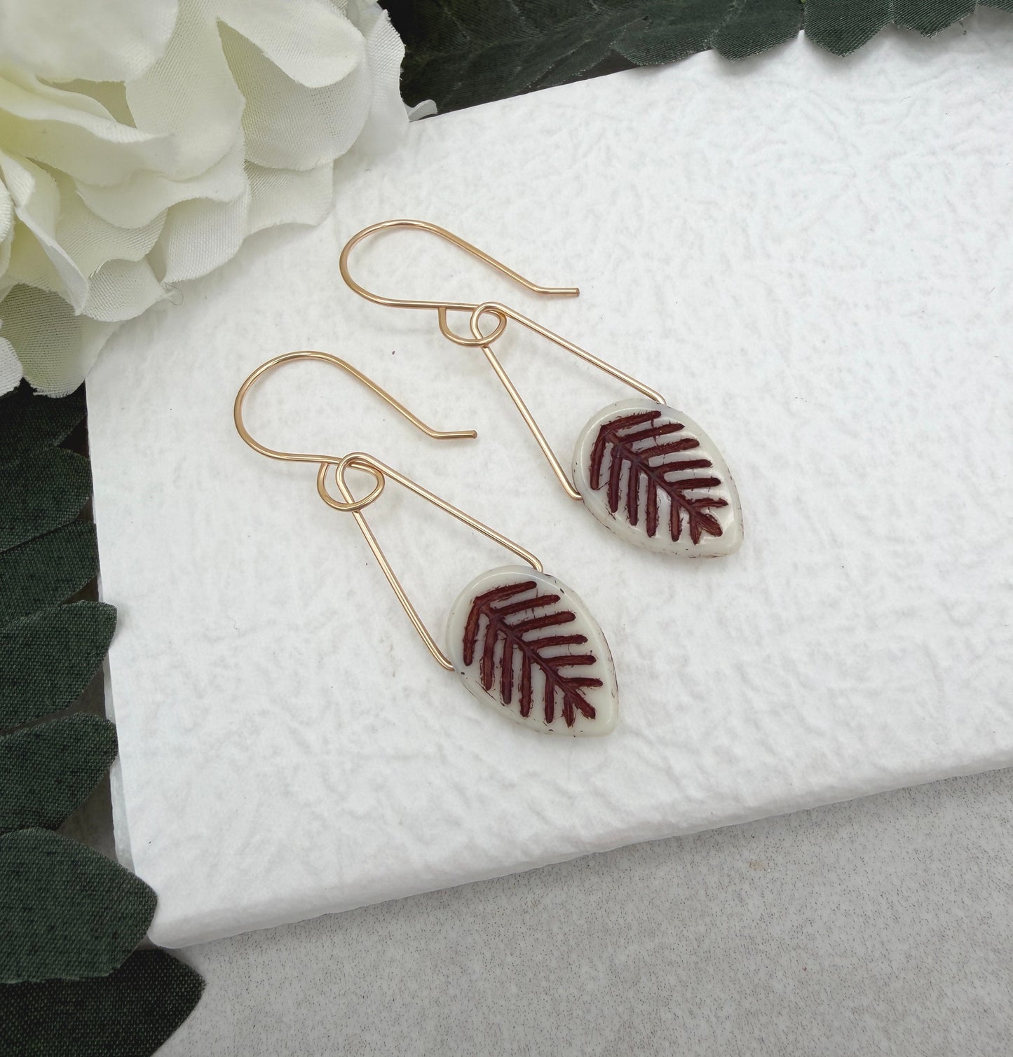 Earrings with Cream and Brown Czech Glass Leaf Beads GCHE-105