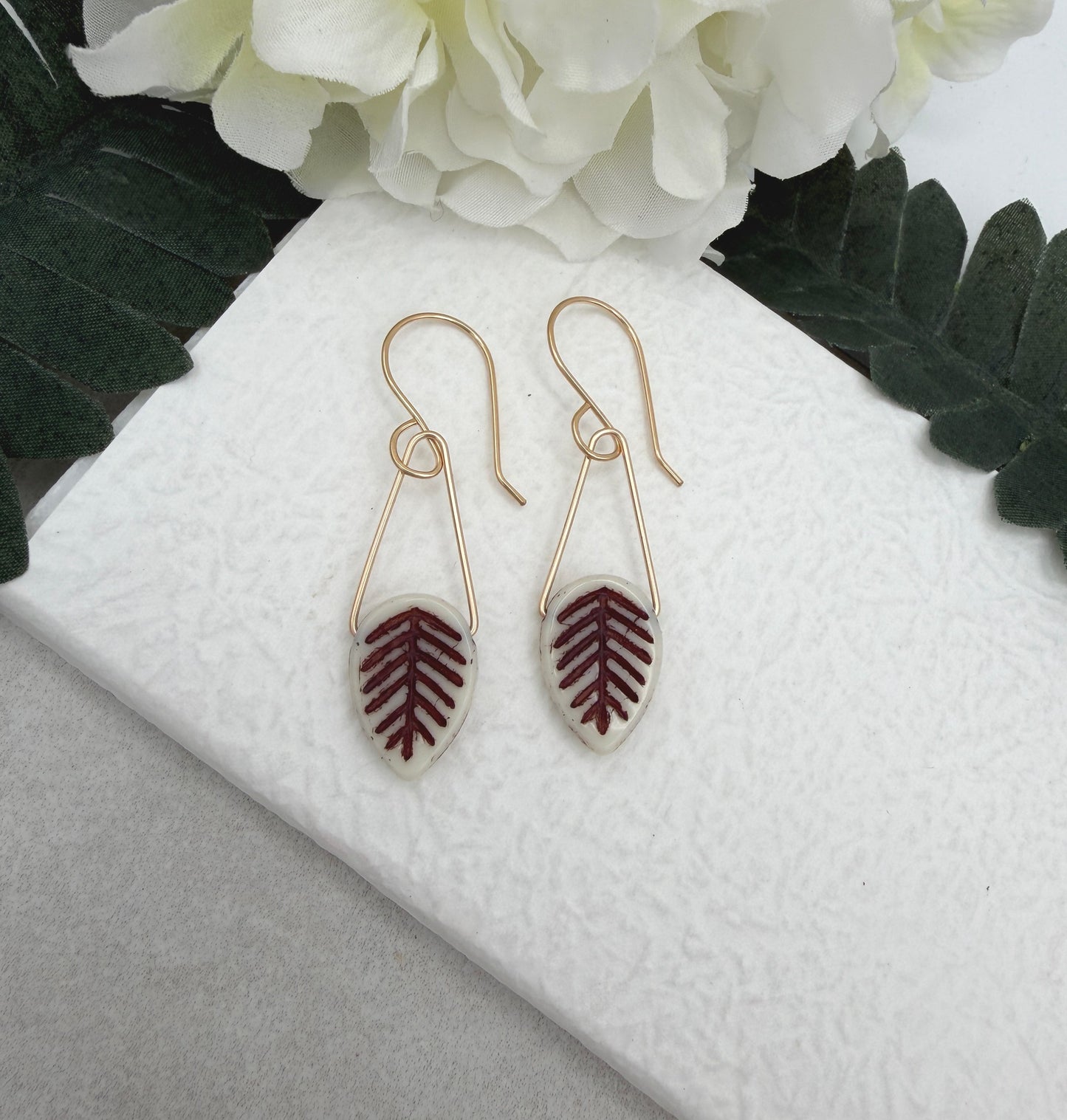Earrings with Cream and Brown Czech Glass Leaf Beads GCHE-105