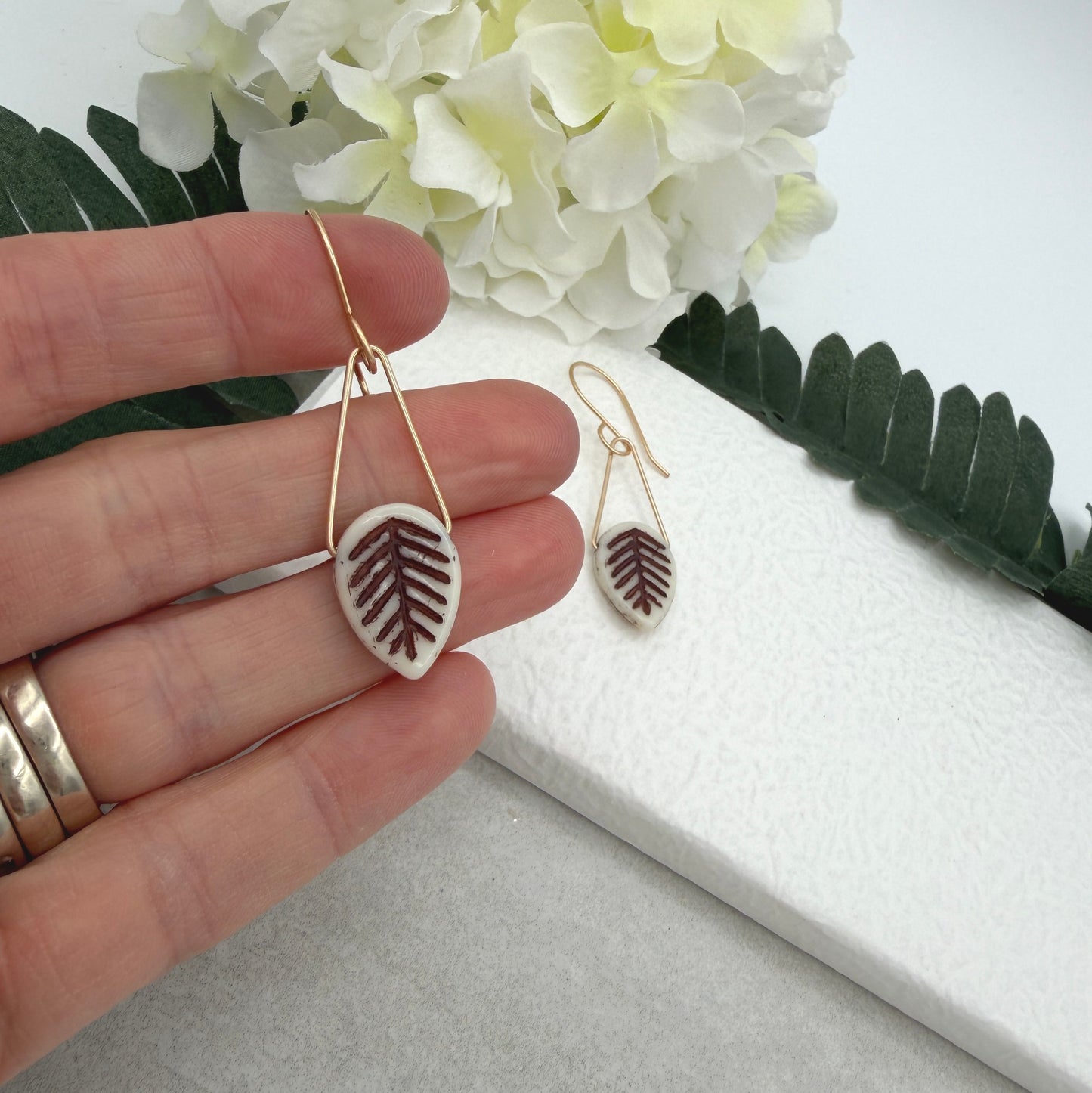 Earrings with Cream and Brown Czech Glass Leaf Beads GCHE-105