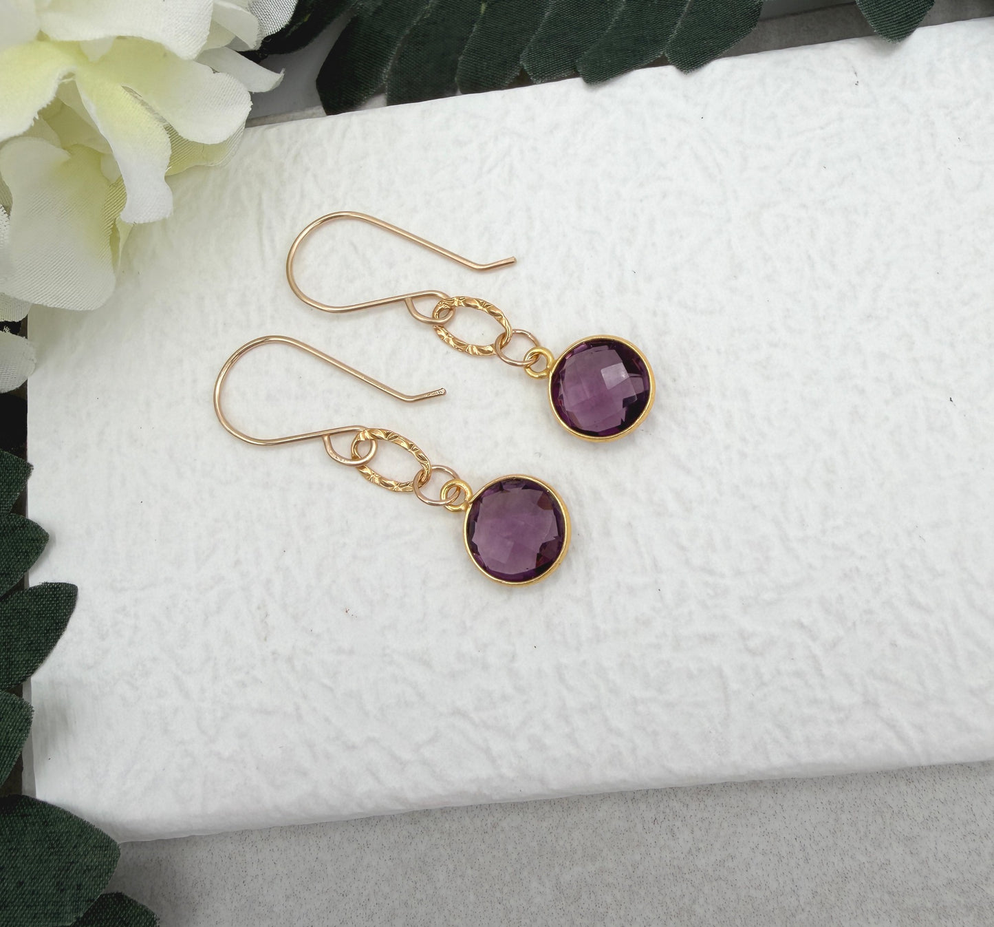 Earrings with Bezel Set Amethysts and Textured Golf Filled Loops GCHE-106