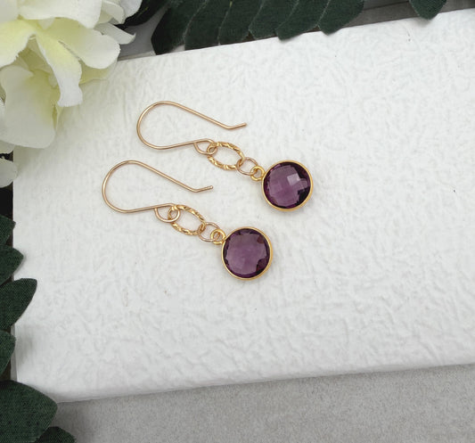 Earrings with Bezel Set Amethysts and Textured Golf Filled Loops GCHE-106