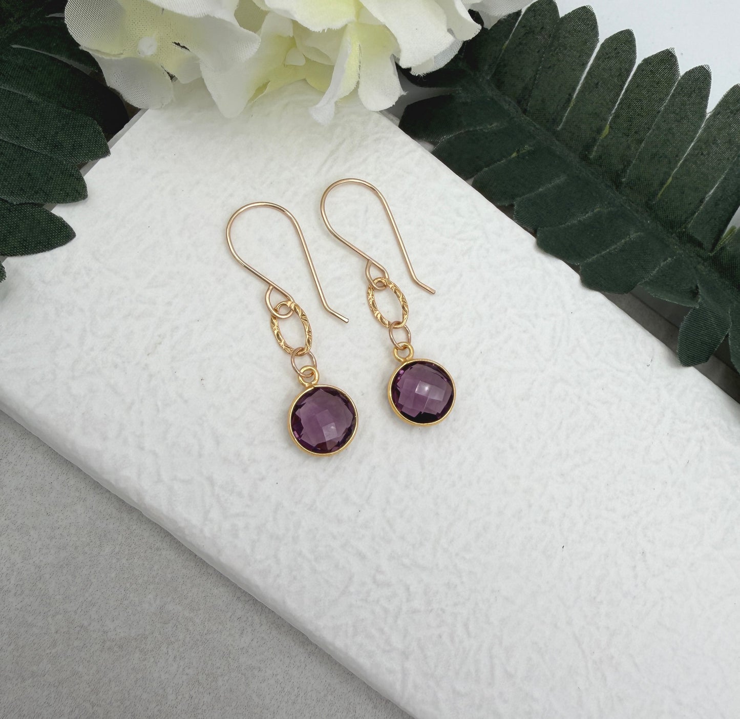 Earrings with Bezel Set Amethysts and Textured Golf Filled Loops GCHE-106