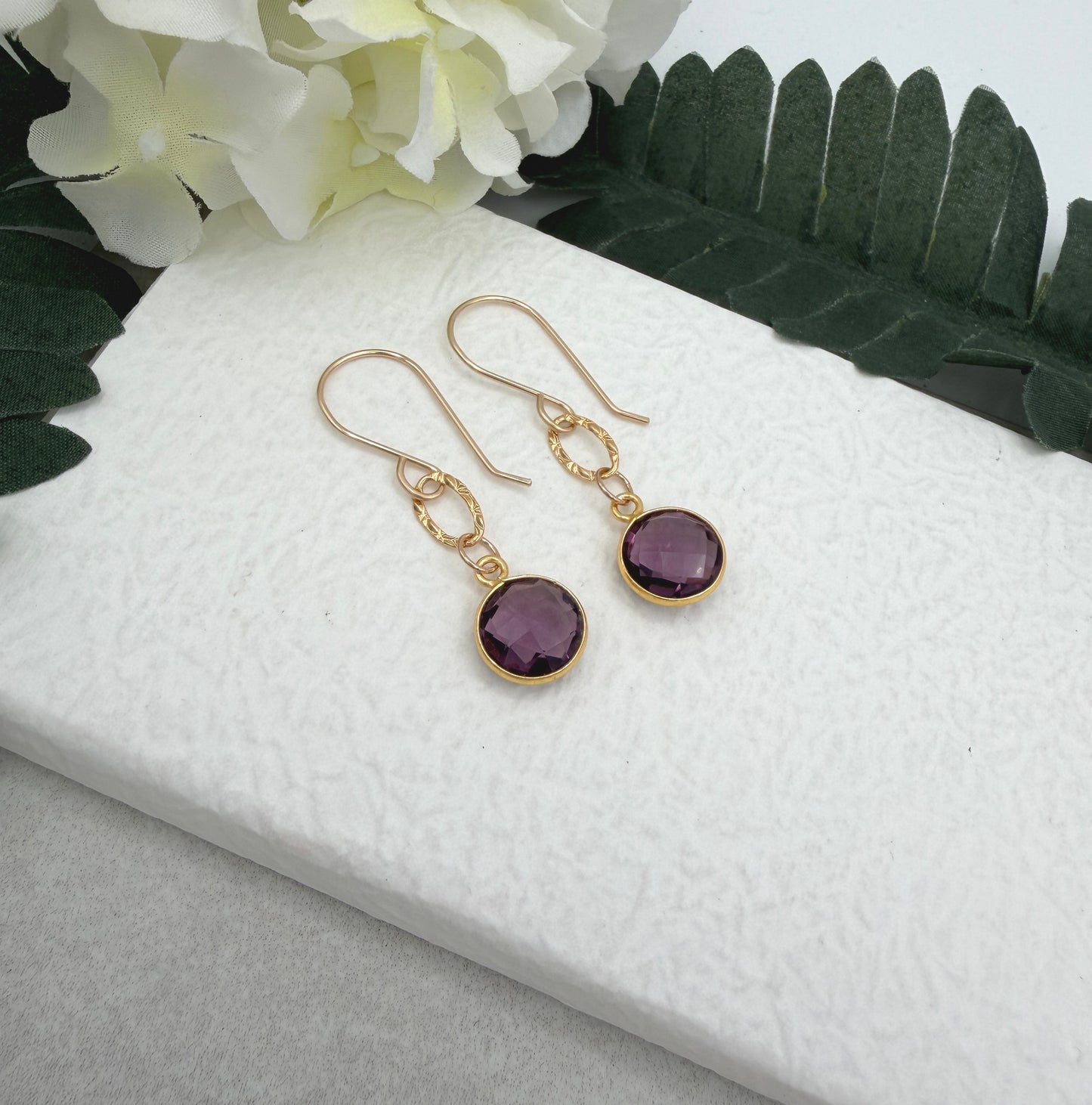 Earrings with Bezel Set Amethysts and Textured Golf Filled Loops GCHE-106