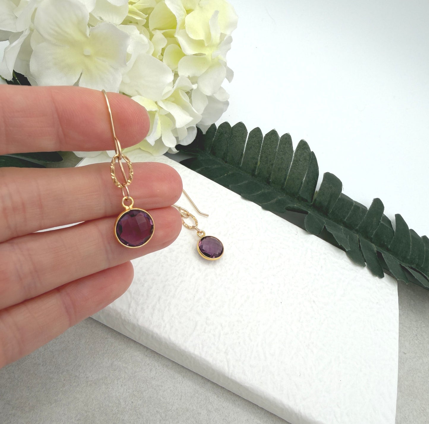 Earrings with Bezel Set Amethysts and Textured Golf Filled Loops GCHE-106
