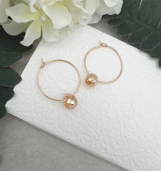 14k Gold Filled Hoop Earrings with Gold Crystal Teardrops GCHE-113