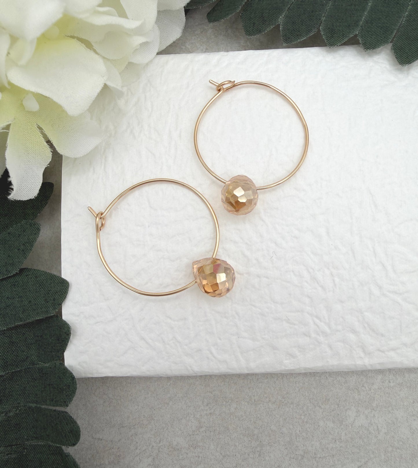 14k Gold Filled Hoop Earrings with Gold Crystal Teardrops GCHE-113