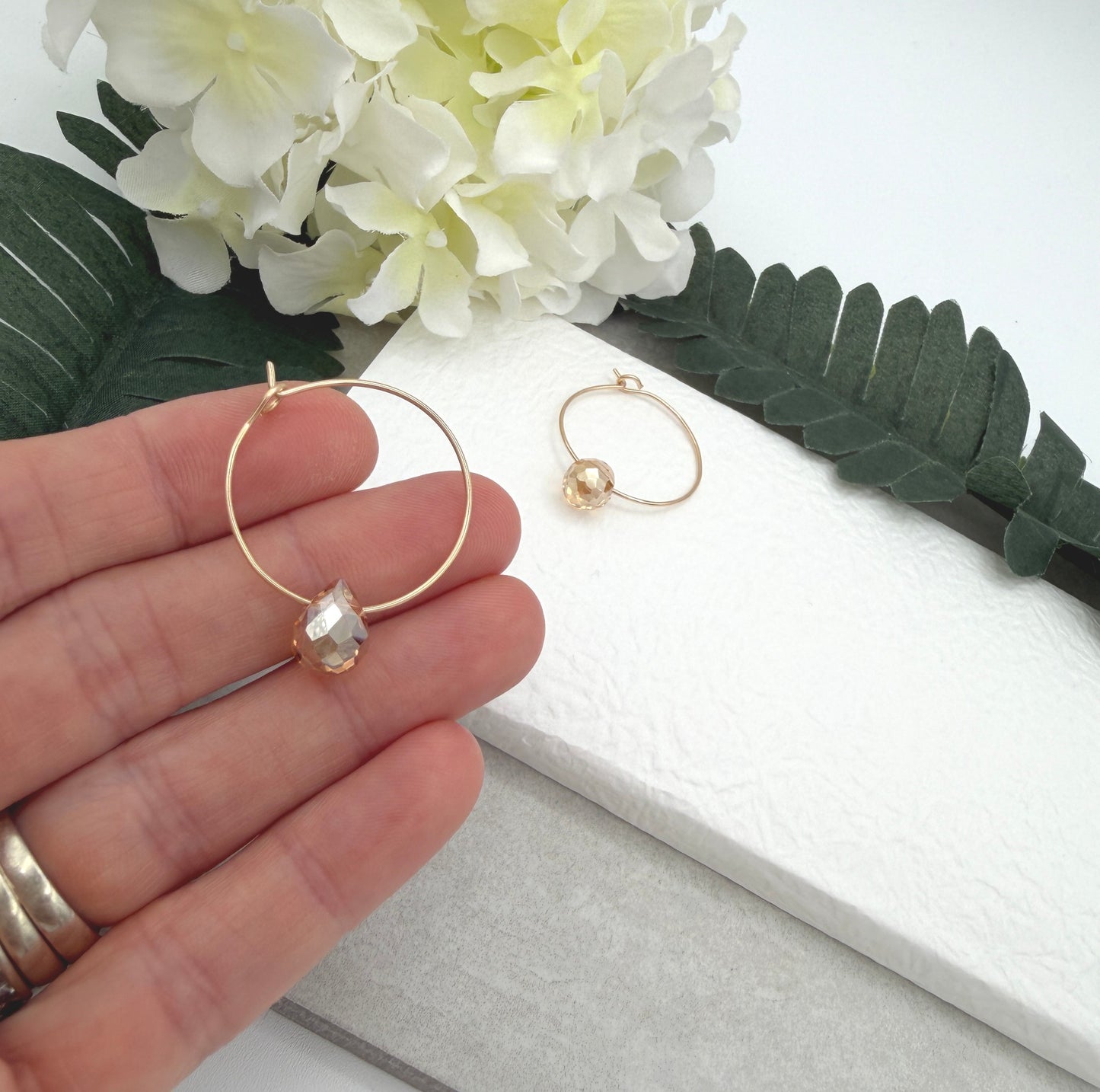 14k Gold Filled Hoop Earrings with Gold Crystal Teardrops GCHE-113