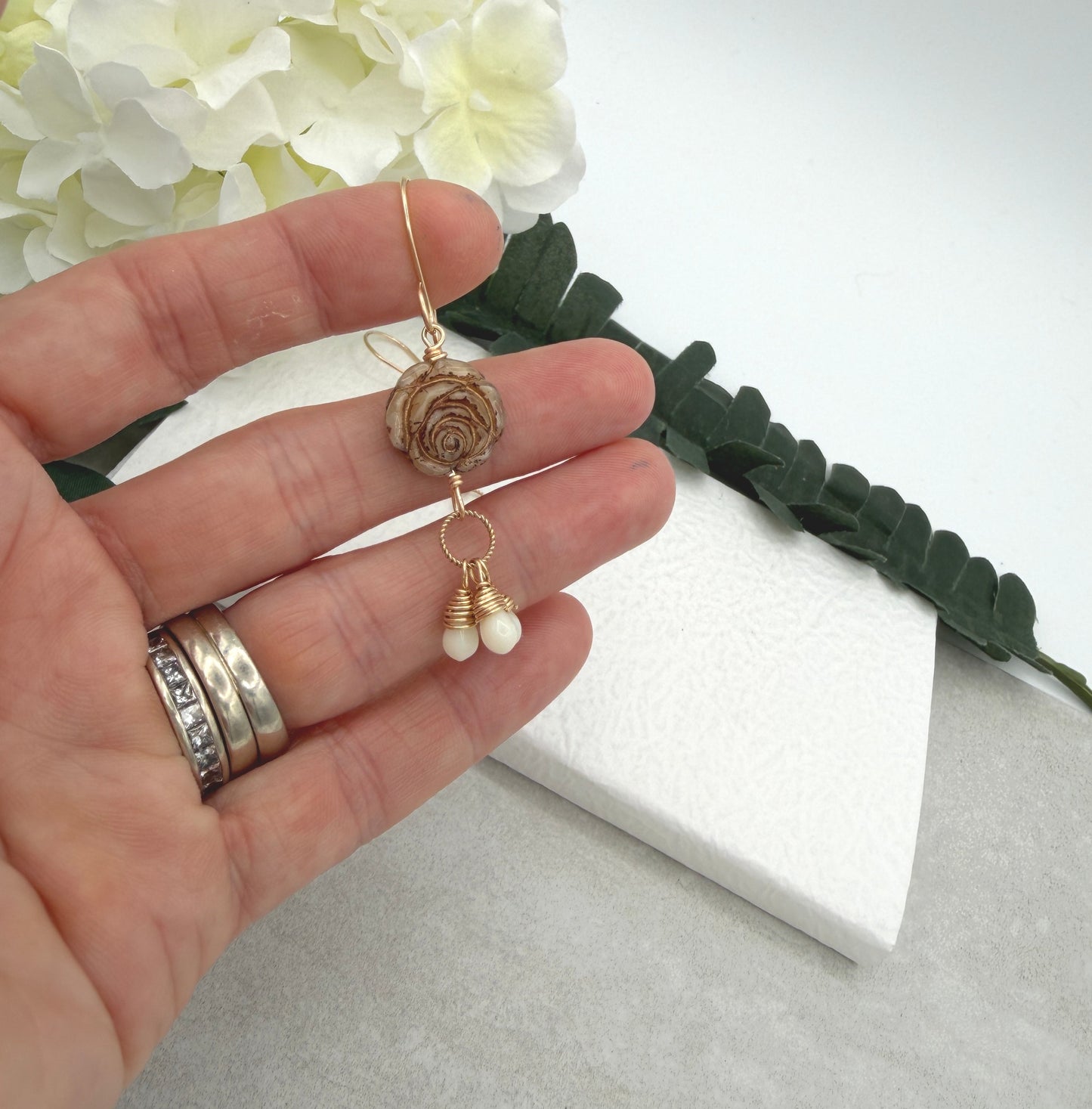 Earrings with Czech Glass Gold Roses, Cream Glass Teardrops and Braided Loops  GCHE-115)