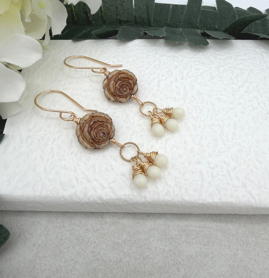 Earrings with Czech Glass Gold Roses, Cream Glass Teardrops and Braided Loops  GCHE-115)
