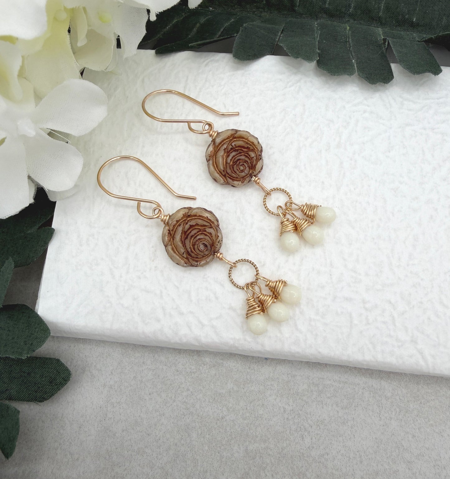 Earrings with Czech Glass Gold Roses, Cream Glass Teardrops and Braided Loops  GCHE-115)