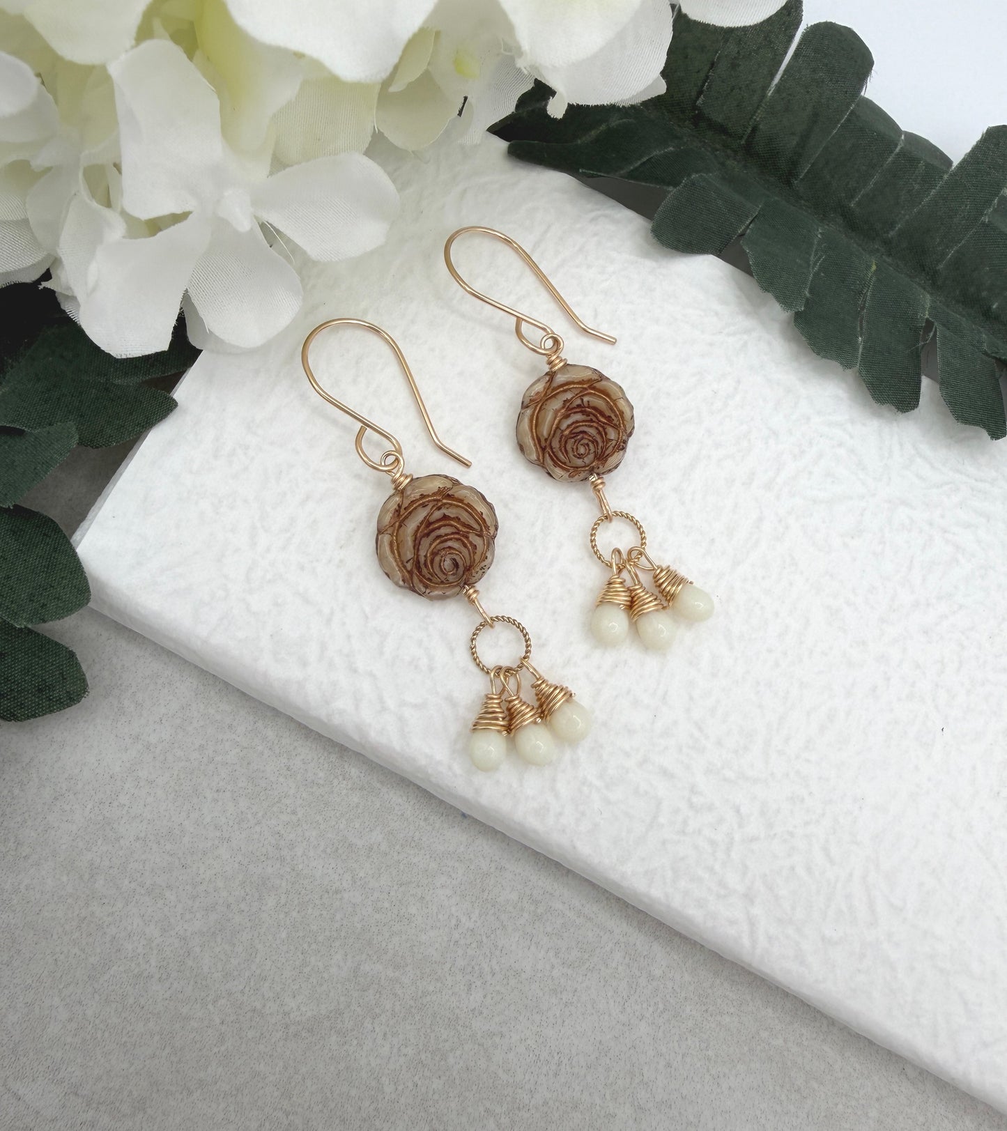 Earrings with Czech Glass Gold Roses, Cream Glass Teardrops and Braided Loops  GCHE-115)