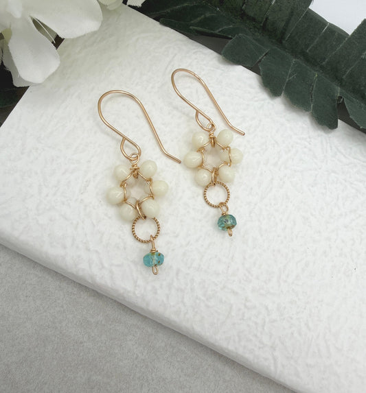 Earrings with Cream Glass Teardrops Wrapped into Flowers, Braided Loops and Aqua Glass Drop GCHE-117