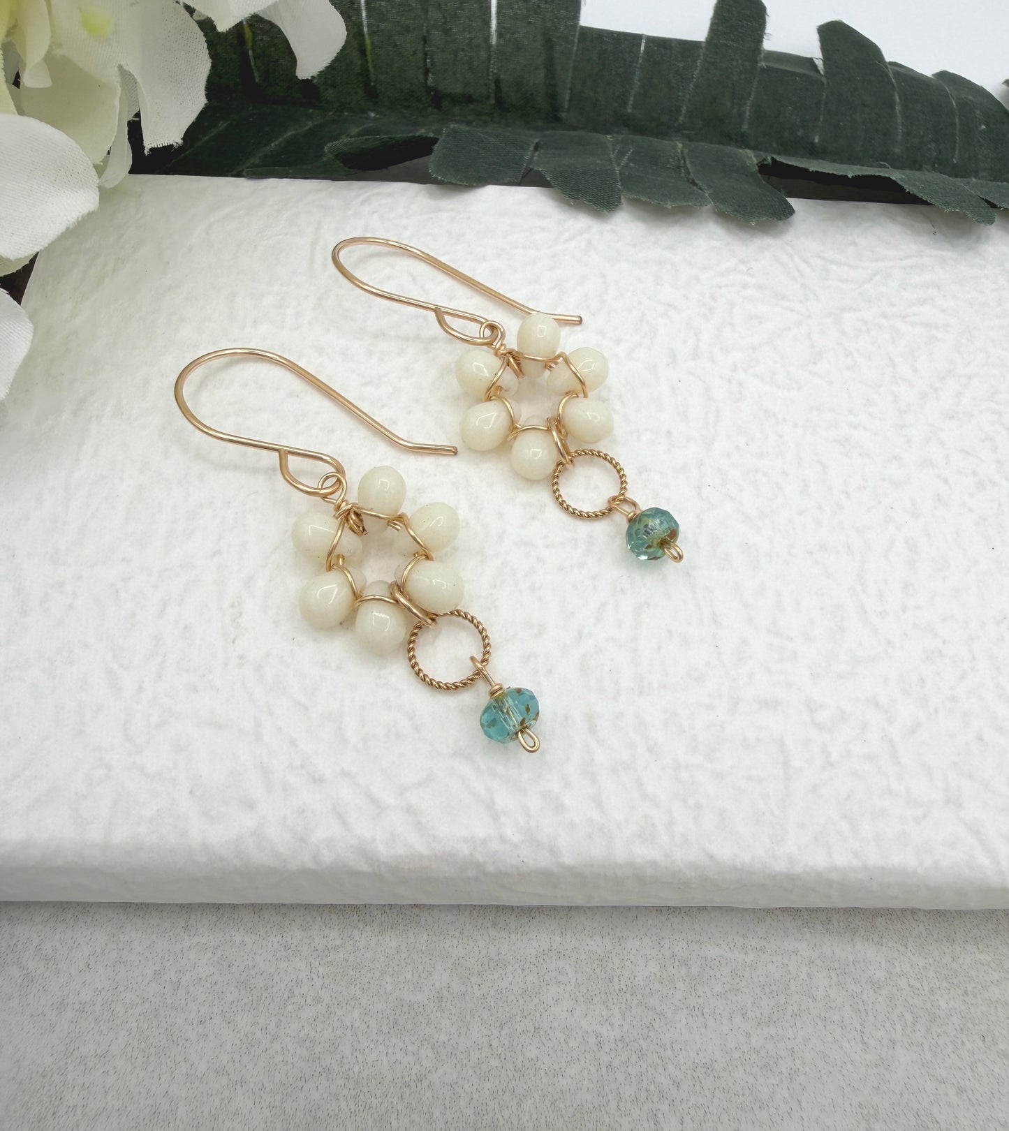 Earrings with Cream Glass Teardrops Wrapped into Flowers, Braided Loops and Aqua Glass Drop GCHE-117
