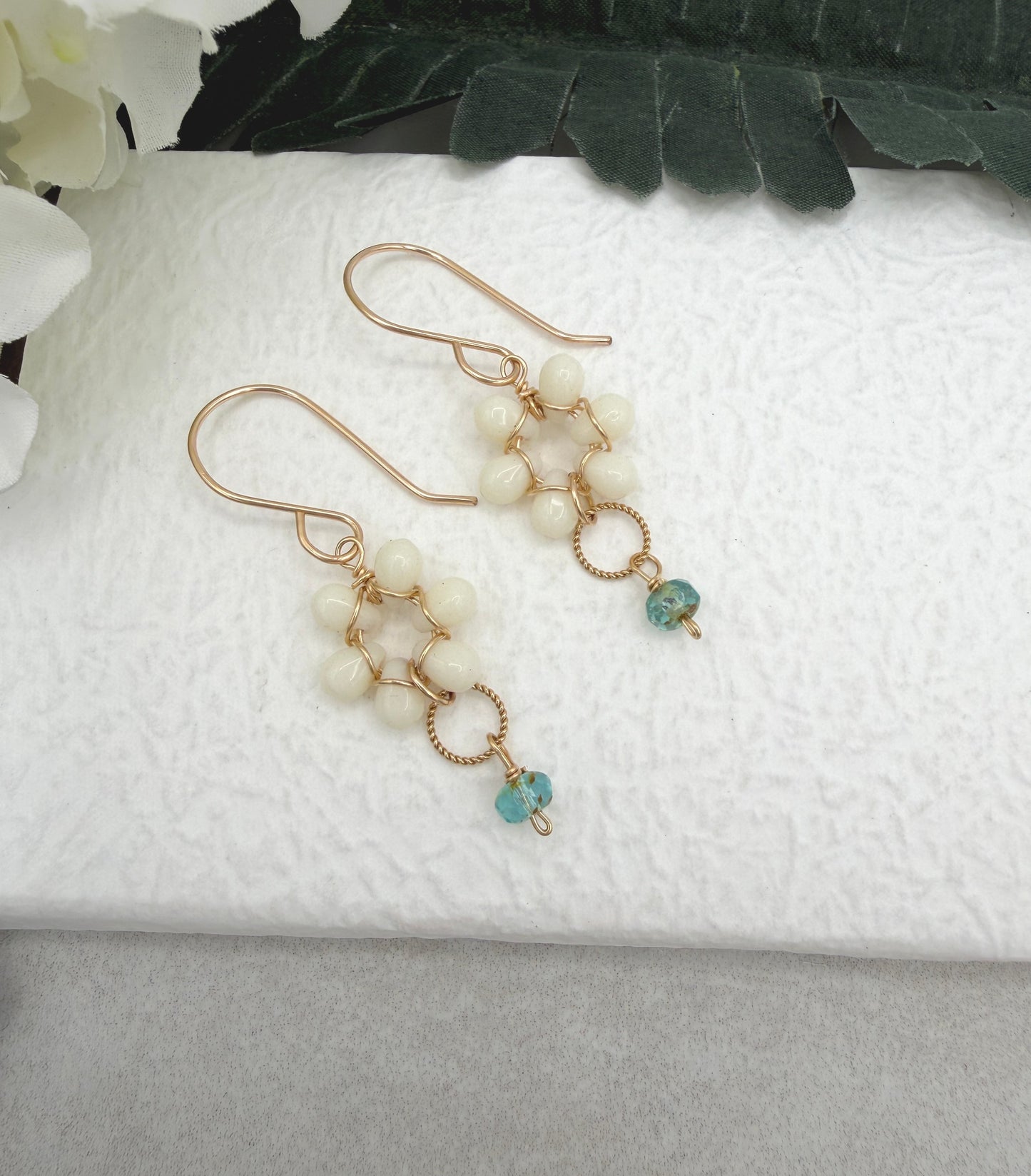 Earrings with Cream Glass Teardrops Wrapped into Flowers, Braided Loops and Aqua Glass Drop GCHE-117