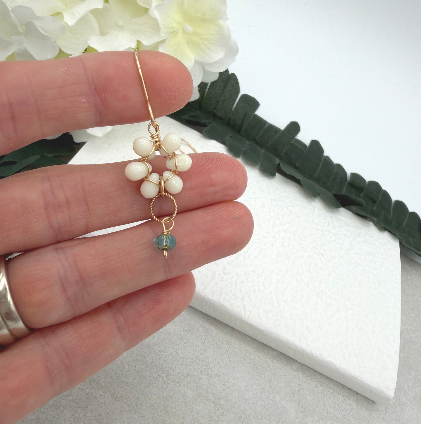 Earrings with Cream Glass Teardrops Wrapped into Flowers, Braided Loops and Aqua Glass Drop GCHE-117