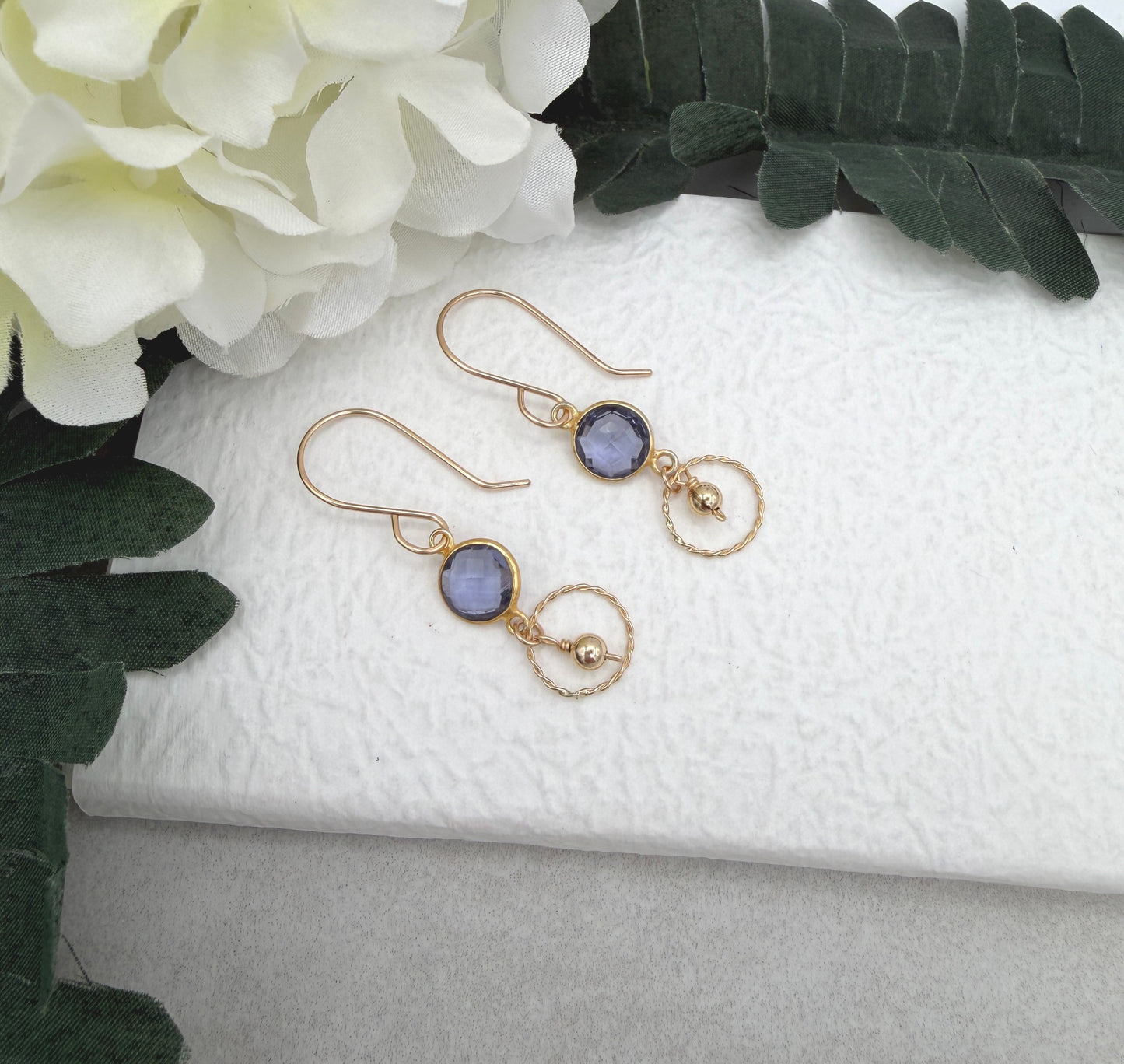 Earrings with Bezel Set Iolite, Braided Gold Filled Loops and Seamless Gold Beads GCHE-118