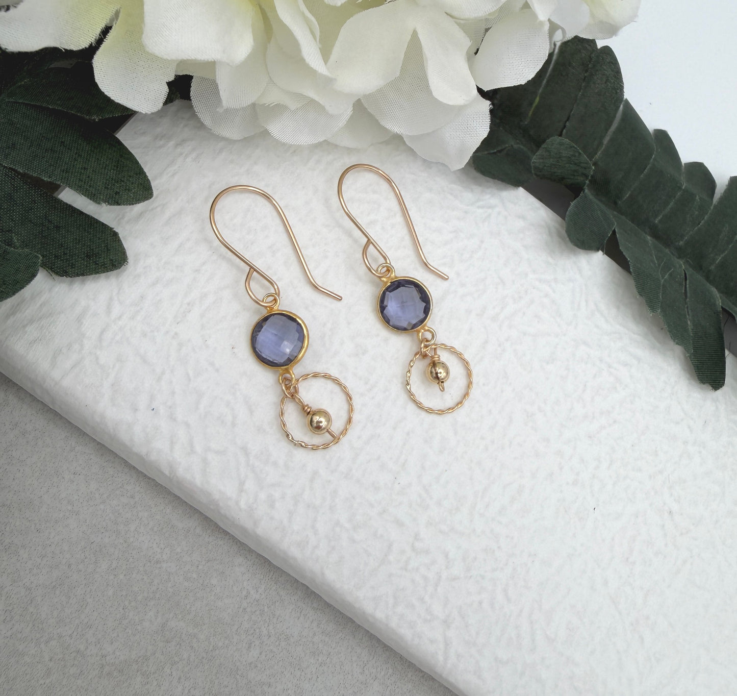 Earrings with Bezel Set Iolite, Braided Gold Filled Loops and Seamless Gold Beads GCHE-118