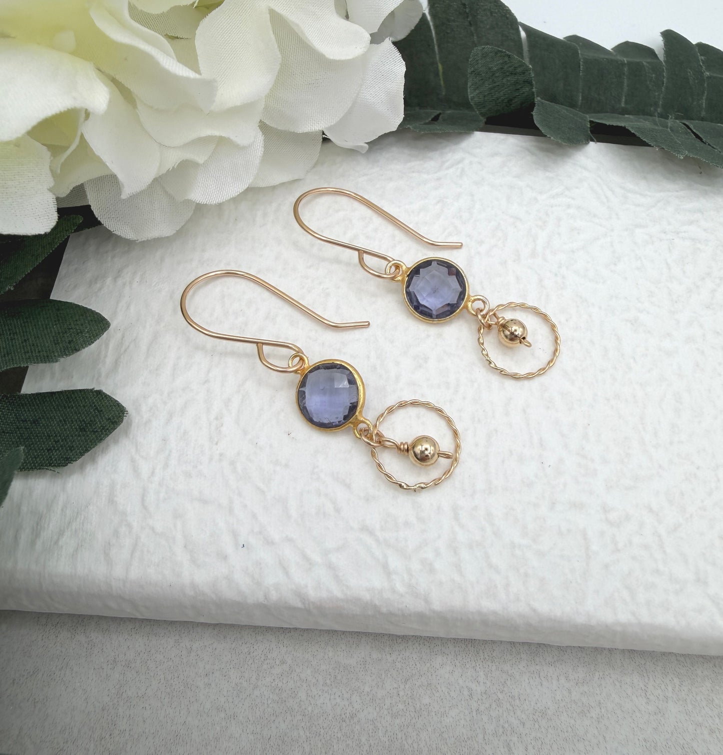 Earrings with Bezel Set Iolite, Braided Gold Filled Loops and Seamless Gold Beads GCHE-118