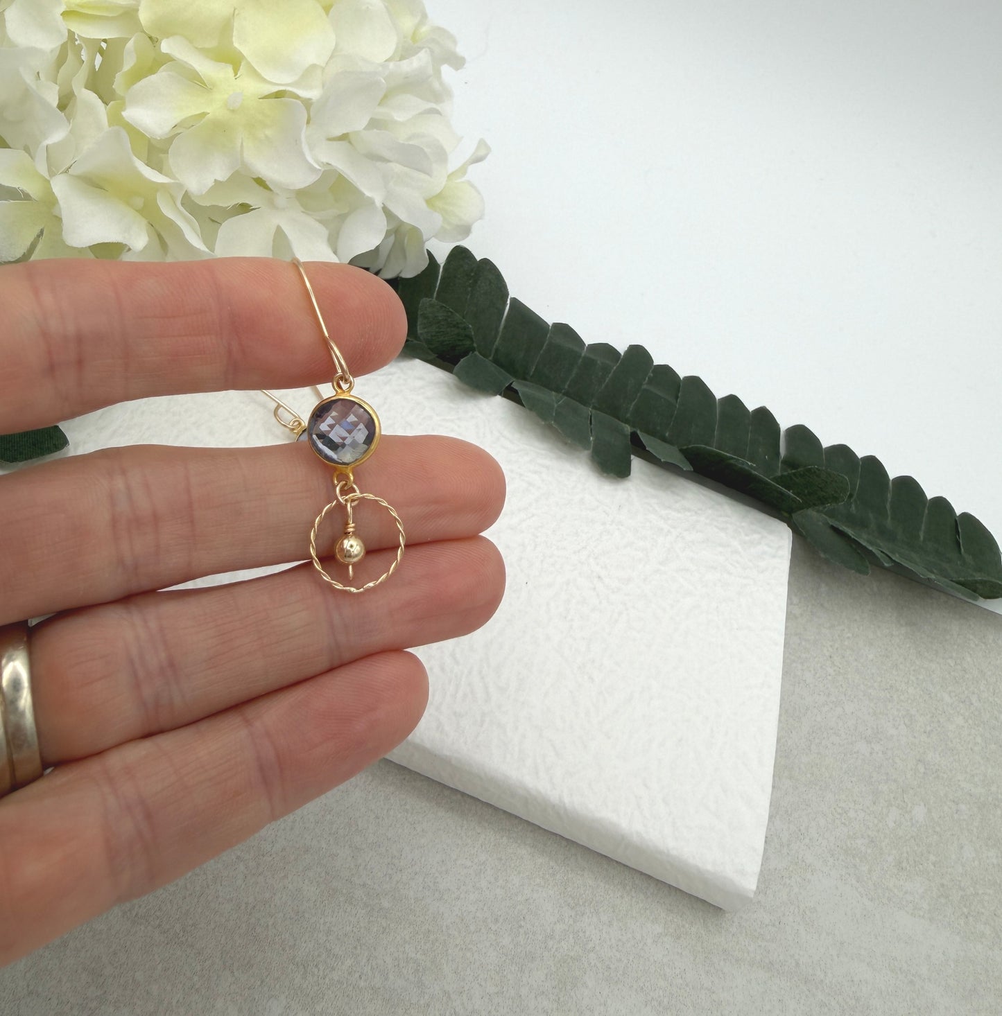Earrings with Bezel Set Iolite, Braided Gold Filled Loops and Seamless Gold Beads GCHE-118